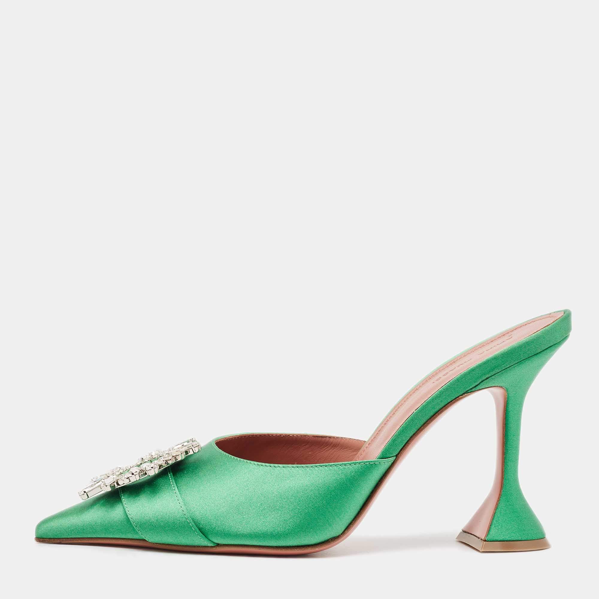 Amina Muaddi Green Satin Crystal Embellished Begum Pointed Toe Mules Size 40.5
