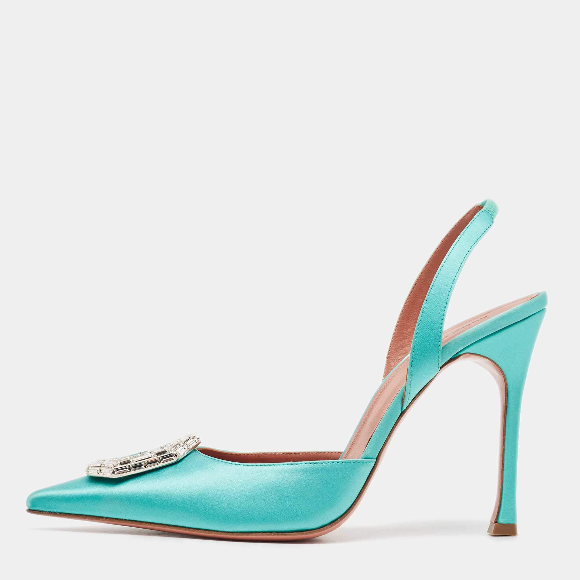 Pre Owned Amina Muaddi Aqua Green Satin Camelia Slingback Pumps Size 41