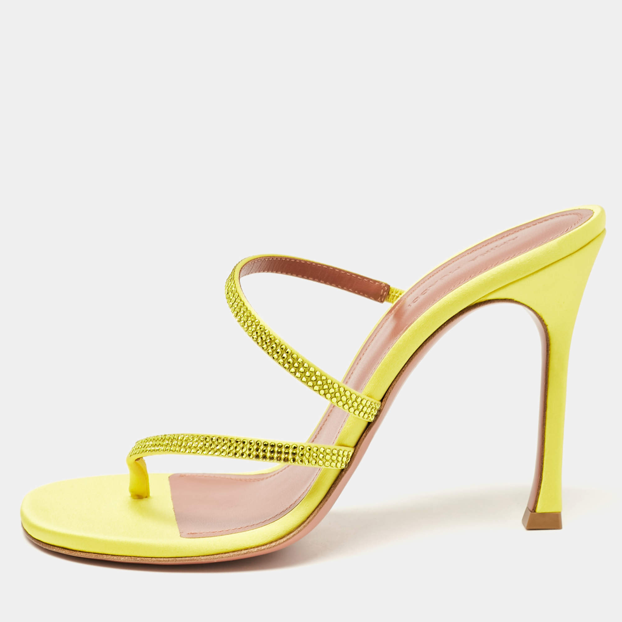 Amina Muaddi Yellow Satin Crystal Embellished Ami Slide Sandals Size 38.5