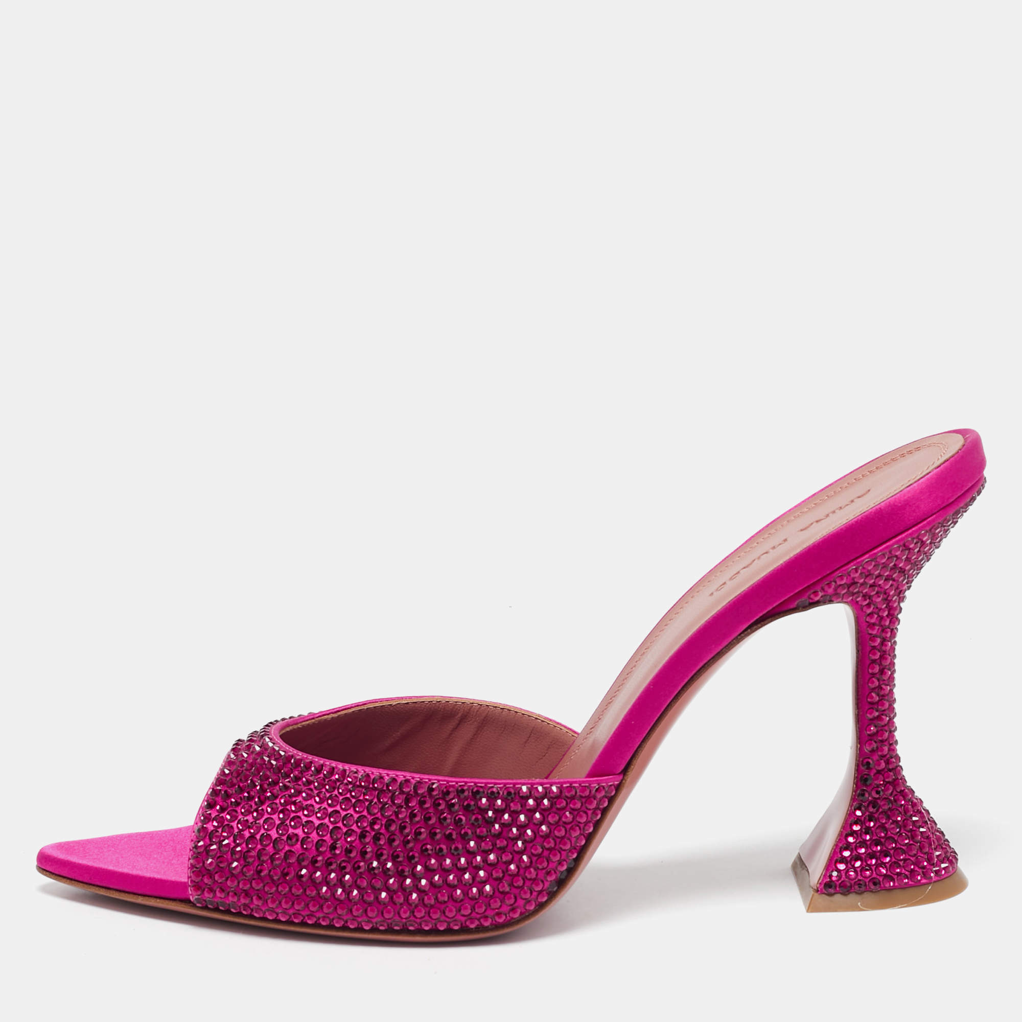 Amina Muaddi Pink Satin Crystal Embellished Caroline Slide Sandals Size 39