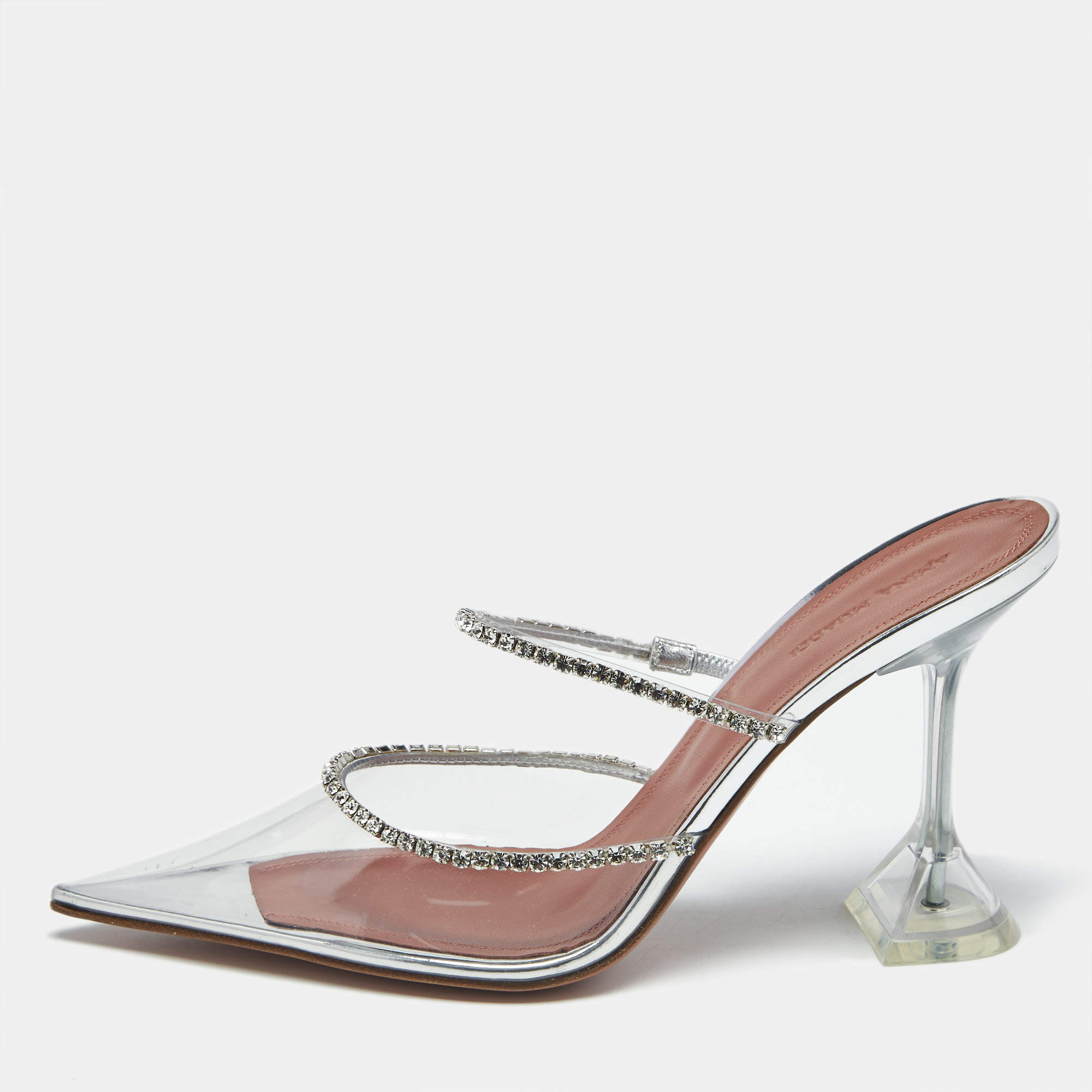 Pre Owned Amina Muaddi Transparent PVC Crystal Embellished Gilda Mules Size 39
