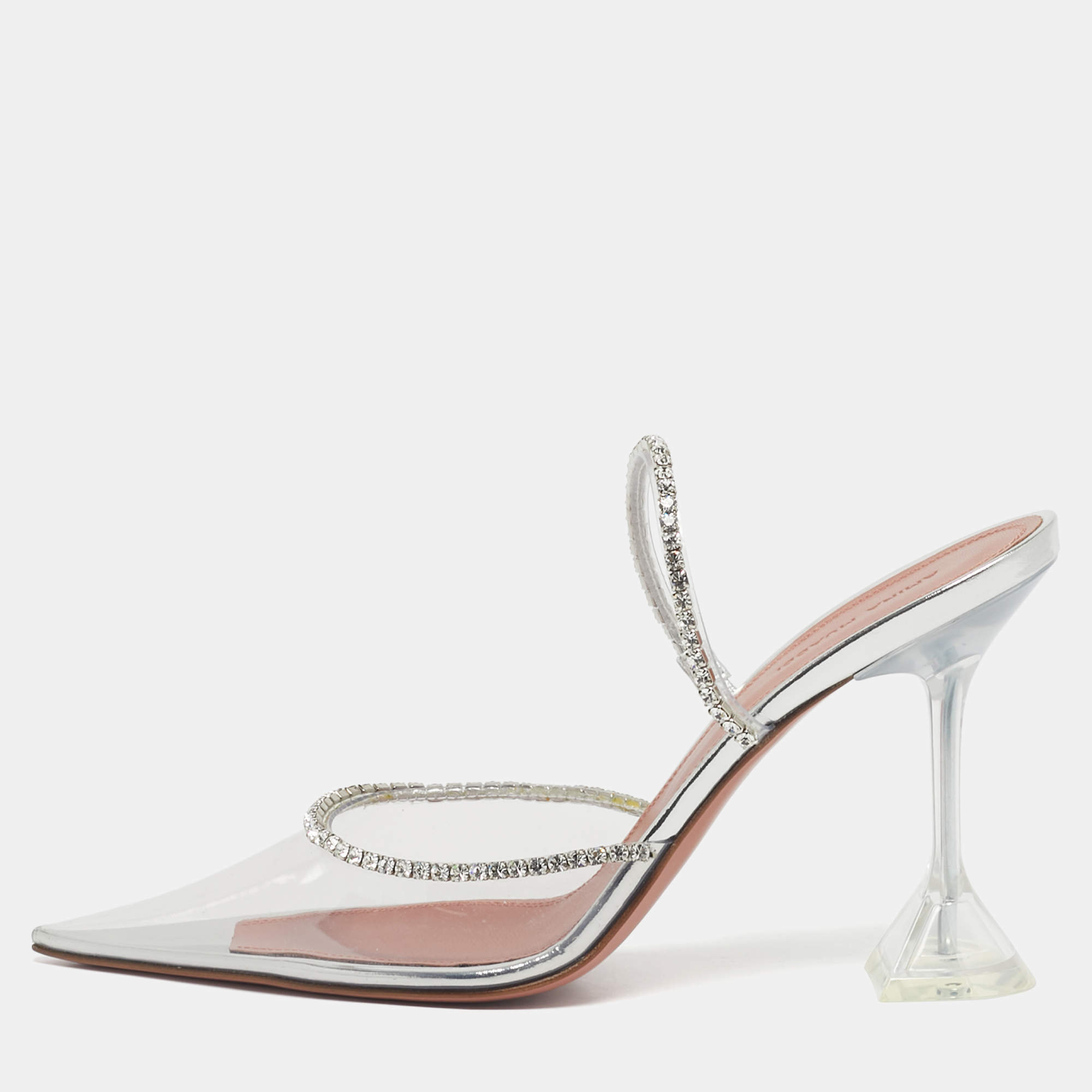 Pre Owned Amina Muaddi Silver PVC Gilda Glass Heel Mules Size 40