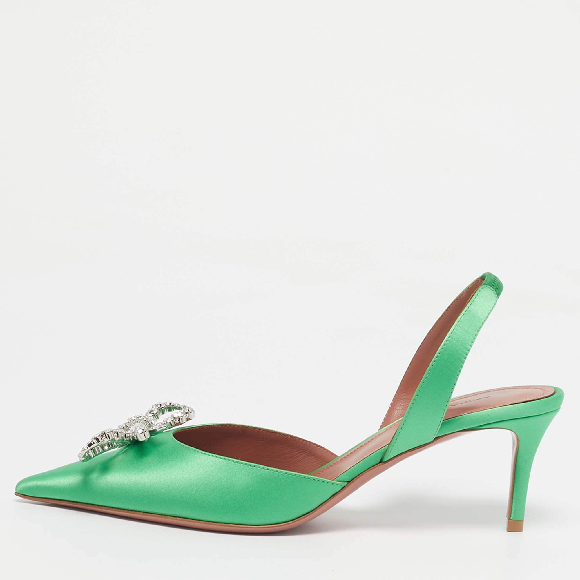 Pre Owned Amina Muaddi Green Satin Rosie Slingback Pumps Size 37