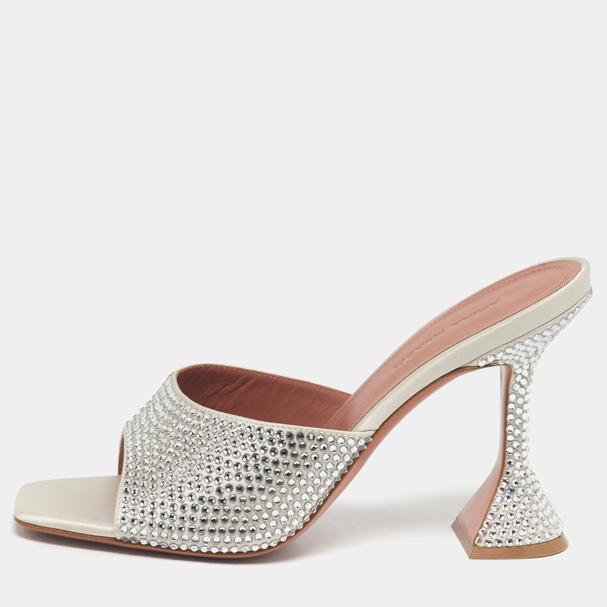 Pre Owned Amina Muaddi Silver Satin Crystals Embellish lupita Slide Sandals Size 37.5
