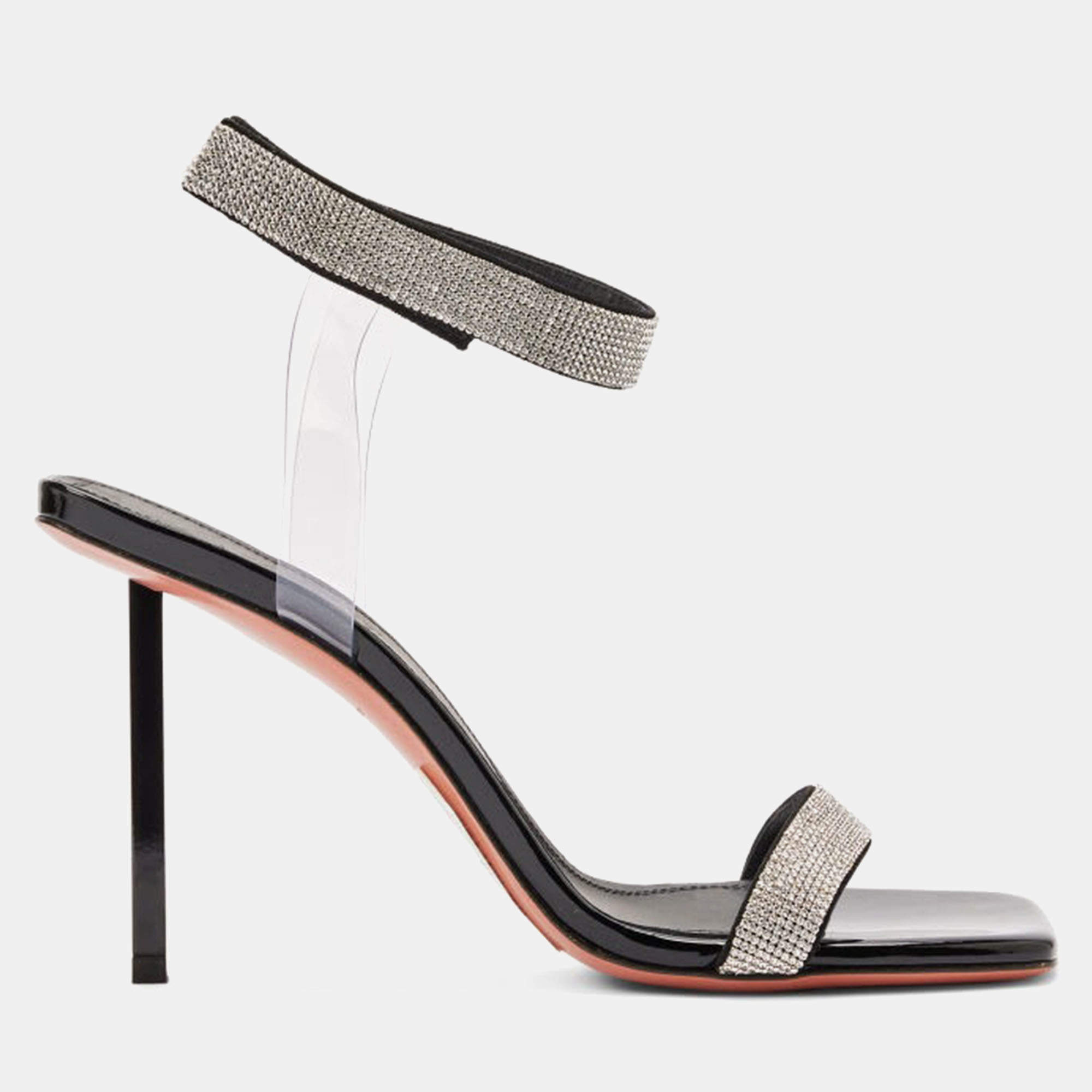 Pre Owned Amina Muaddi Rih Black Patent White Crystal Mesh Black Lacquer Metal Heel 95 Mm EU 38