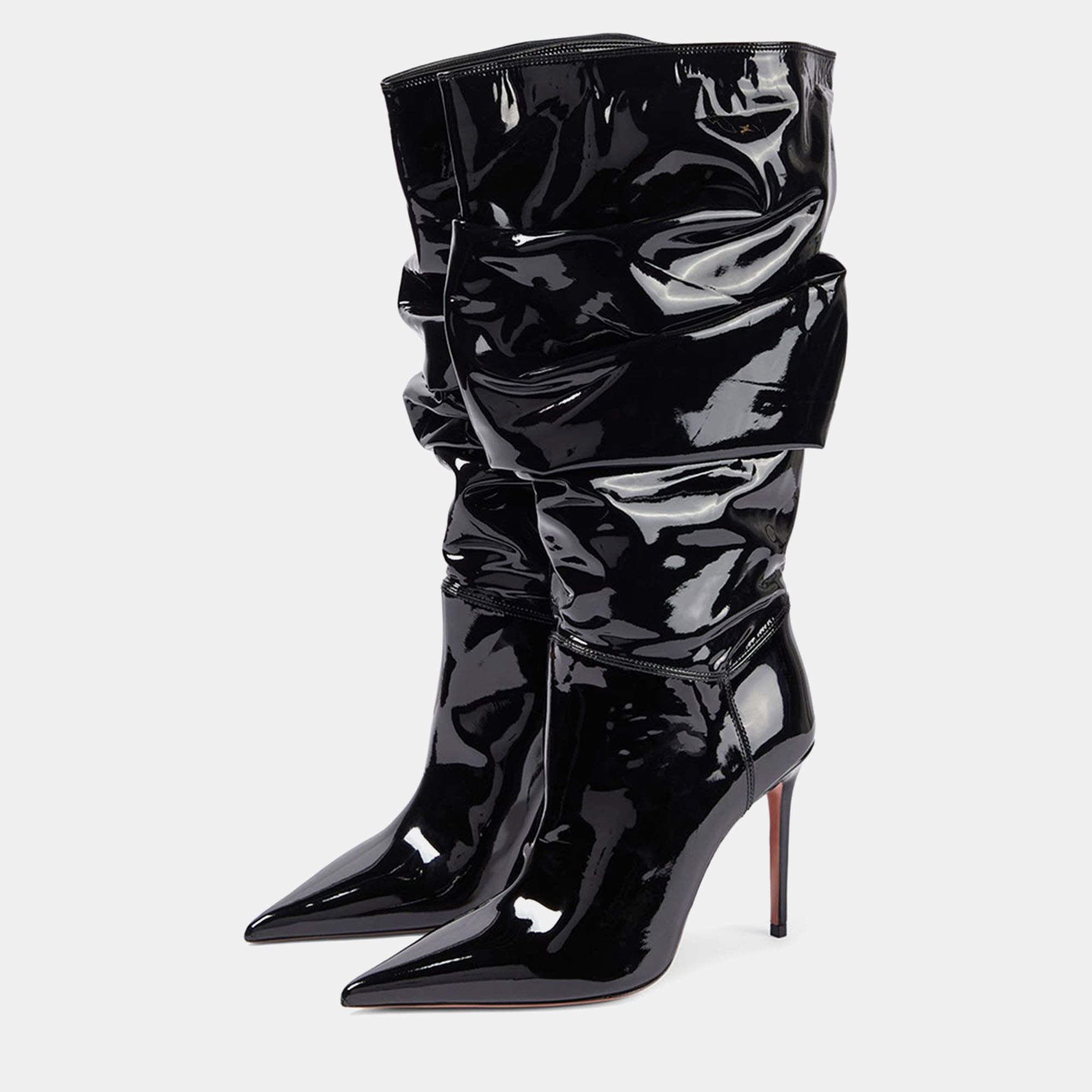 Pre Owned Amina Muaddi Jahleel Latex Black Leather Ankle Boots EU 38