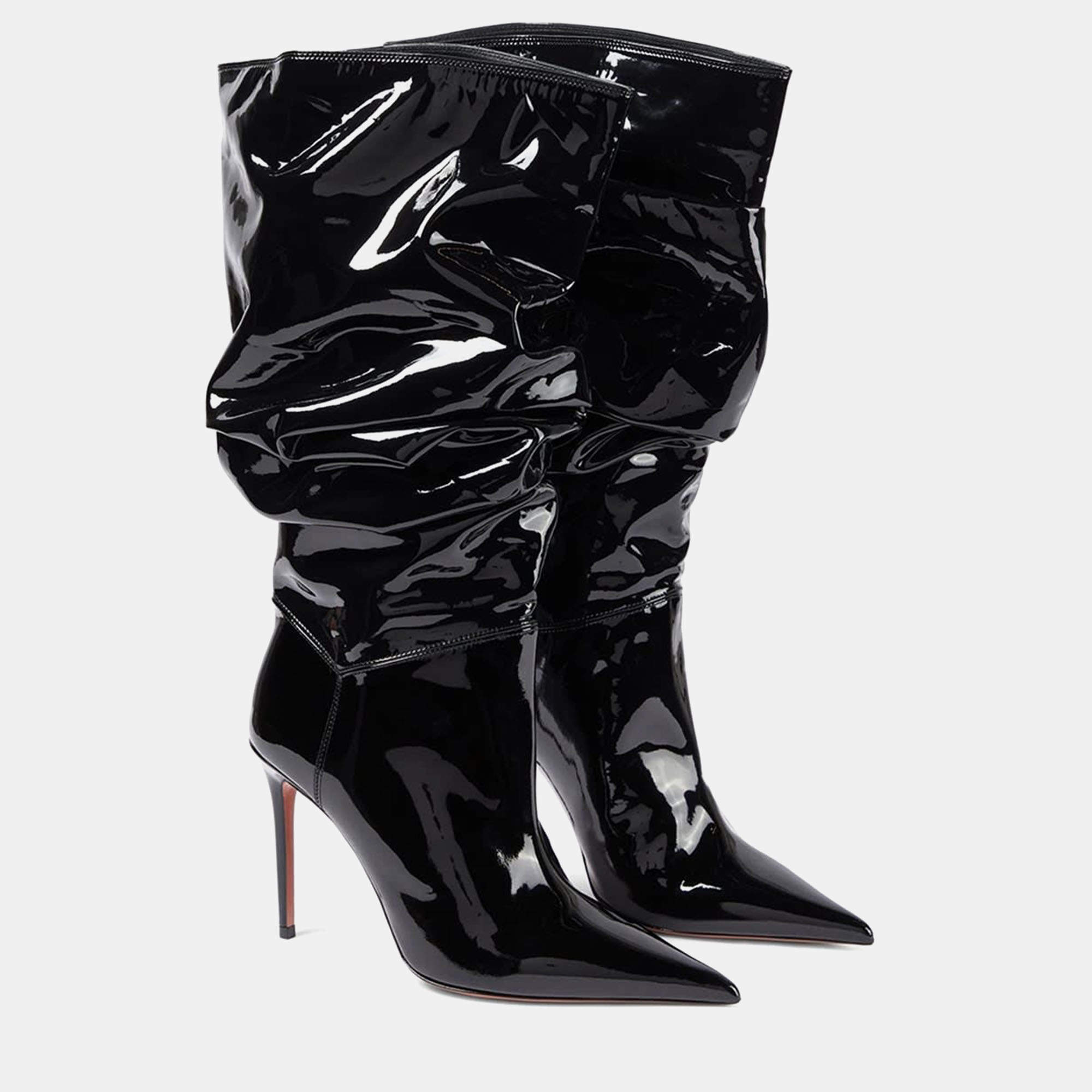 Pre Owned Amina Muaddi Jahleel Latex Black Leather Ankle Boots EU 39
