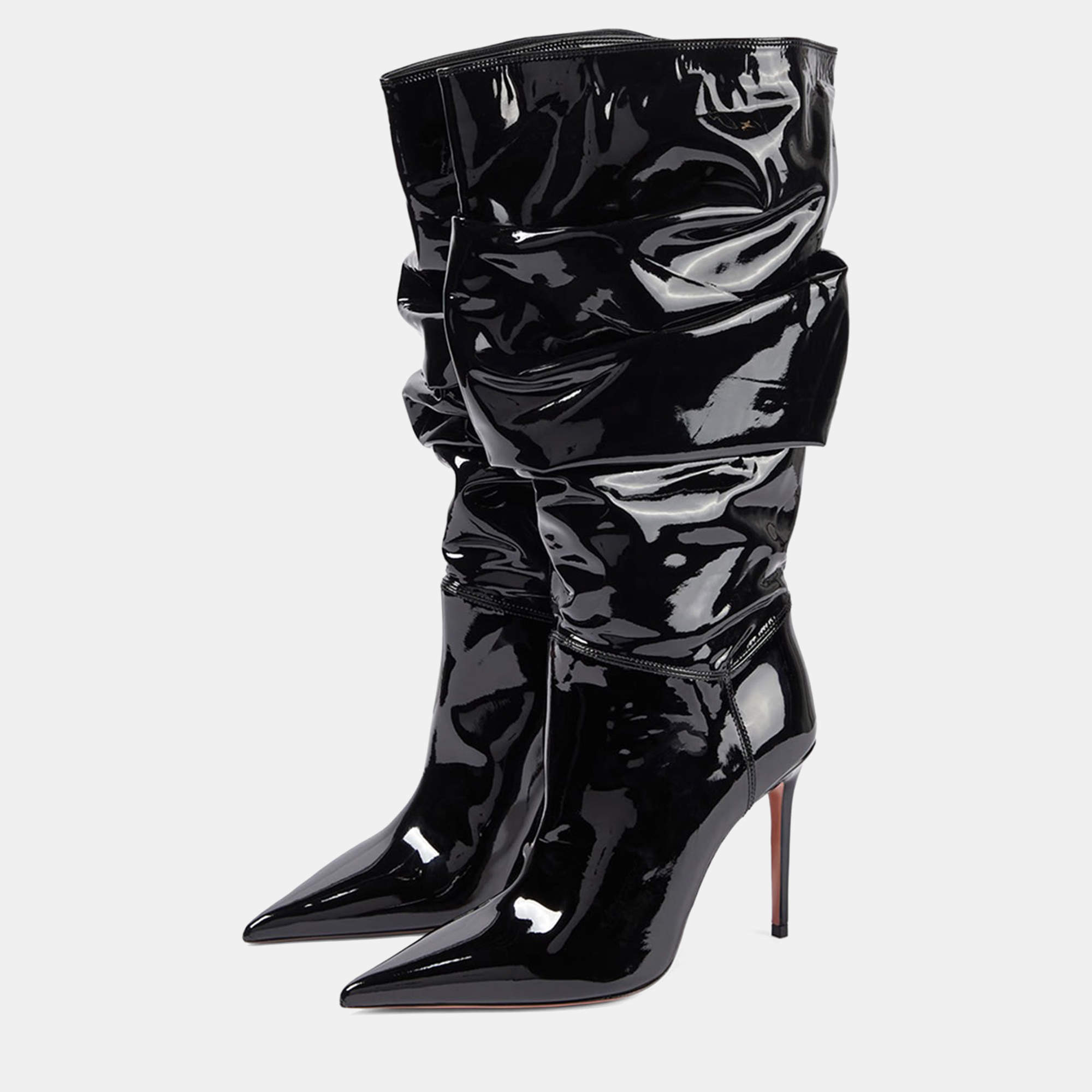 مملوكة مسبقًا Amina Muaddi Jahleel Latex Black Leather Ankle Boots 39.5