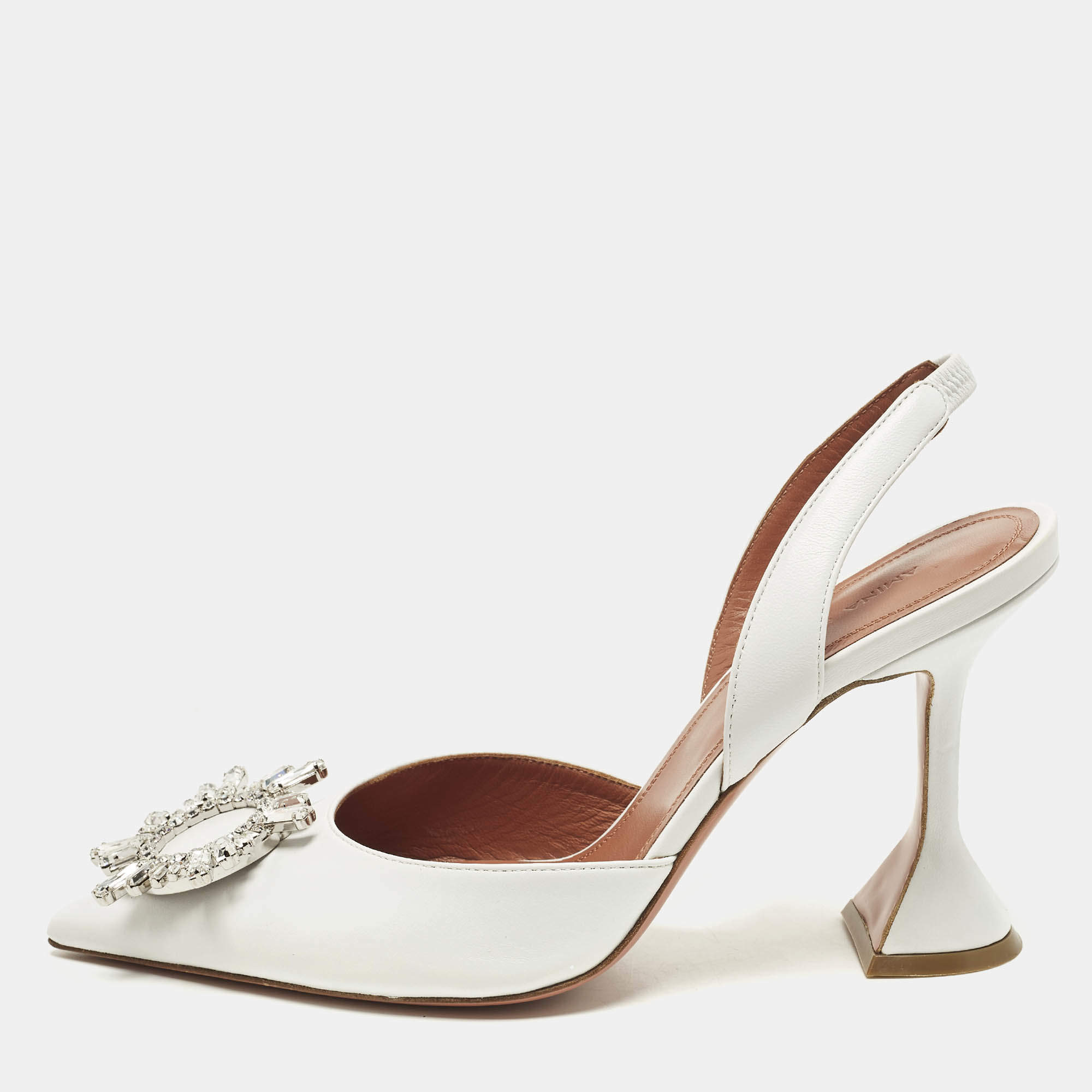 Pre Owned Amina Muaddi Begum Size 38 White Leather Slingback Pumps