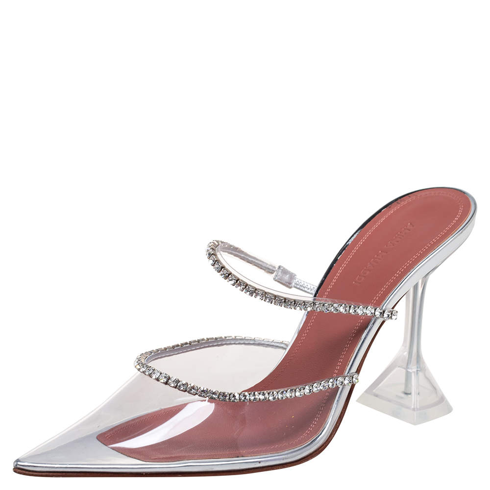 Pre Owned Amina Muaddi Silver Crystal Embellished PVC Gilda Glass Pointed-Toe Mules Size 39