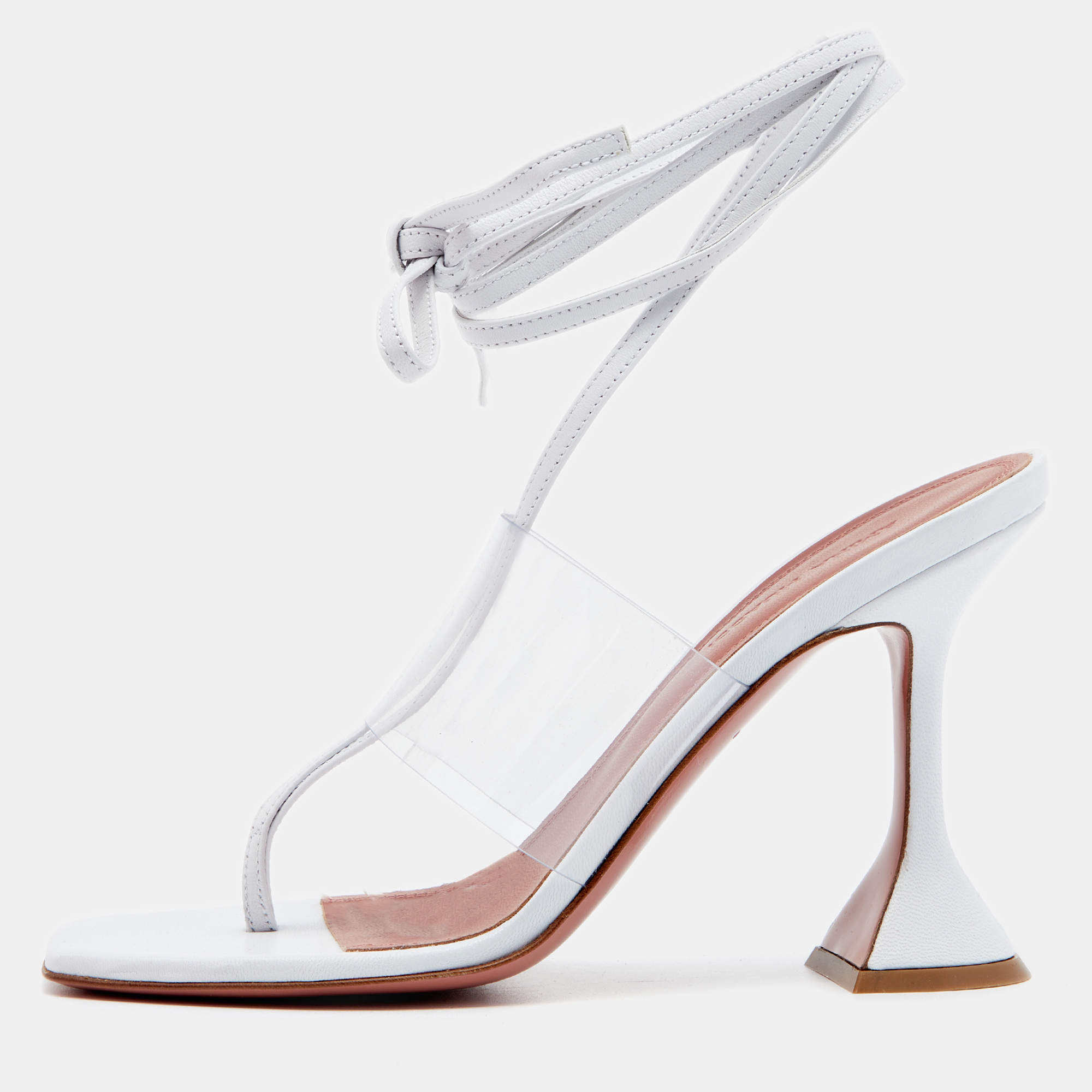 Pre Owned Amina Muaddi White Leather And PVC Ankle Wrap Sandals Size 36.5