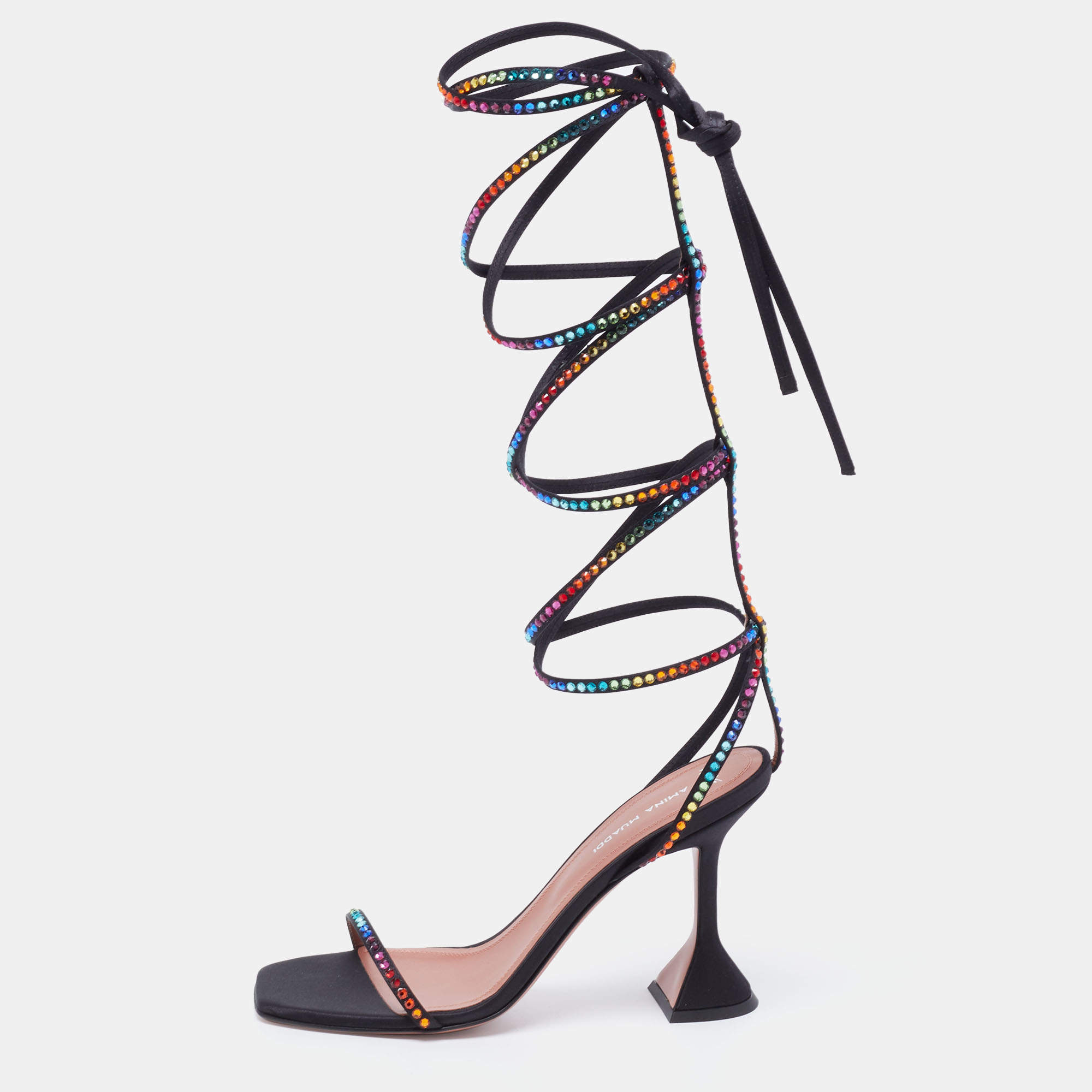 Pre Owned Amina Muaddi x AWGE Black Satin LSD Crystal Embellished Gladiator Sandals Size 37