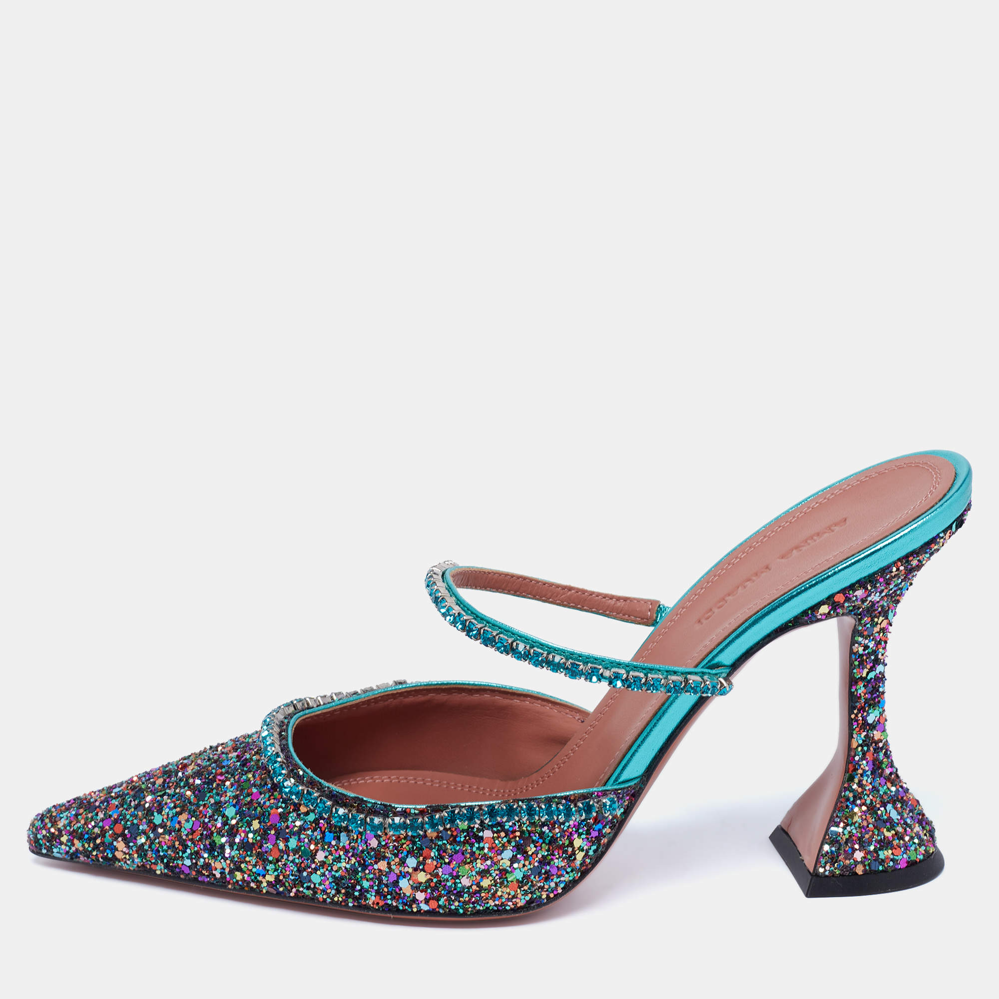 Pre Owned Amina Muaddi Multicolor Glitter Crystal Embellished Gilda Mules Size 37.5
