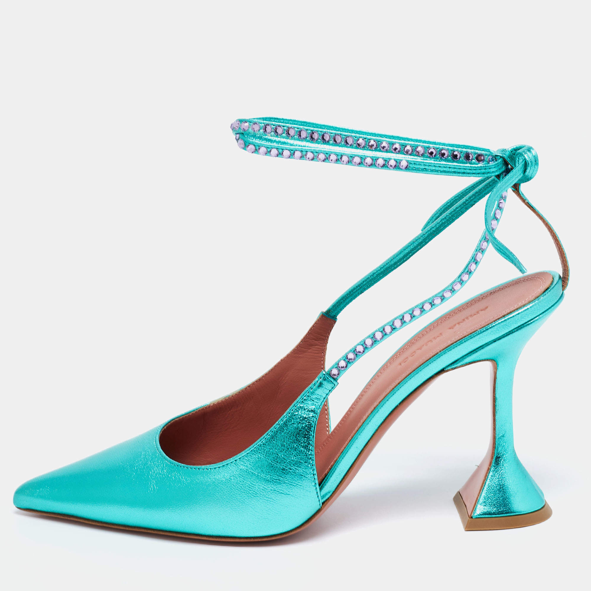 Pre Owned Amina Muaddi Green Leather Embellished Karma Pumps Size 38