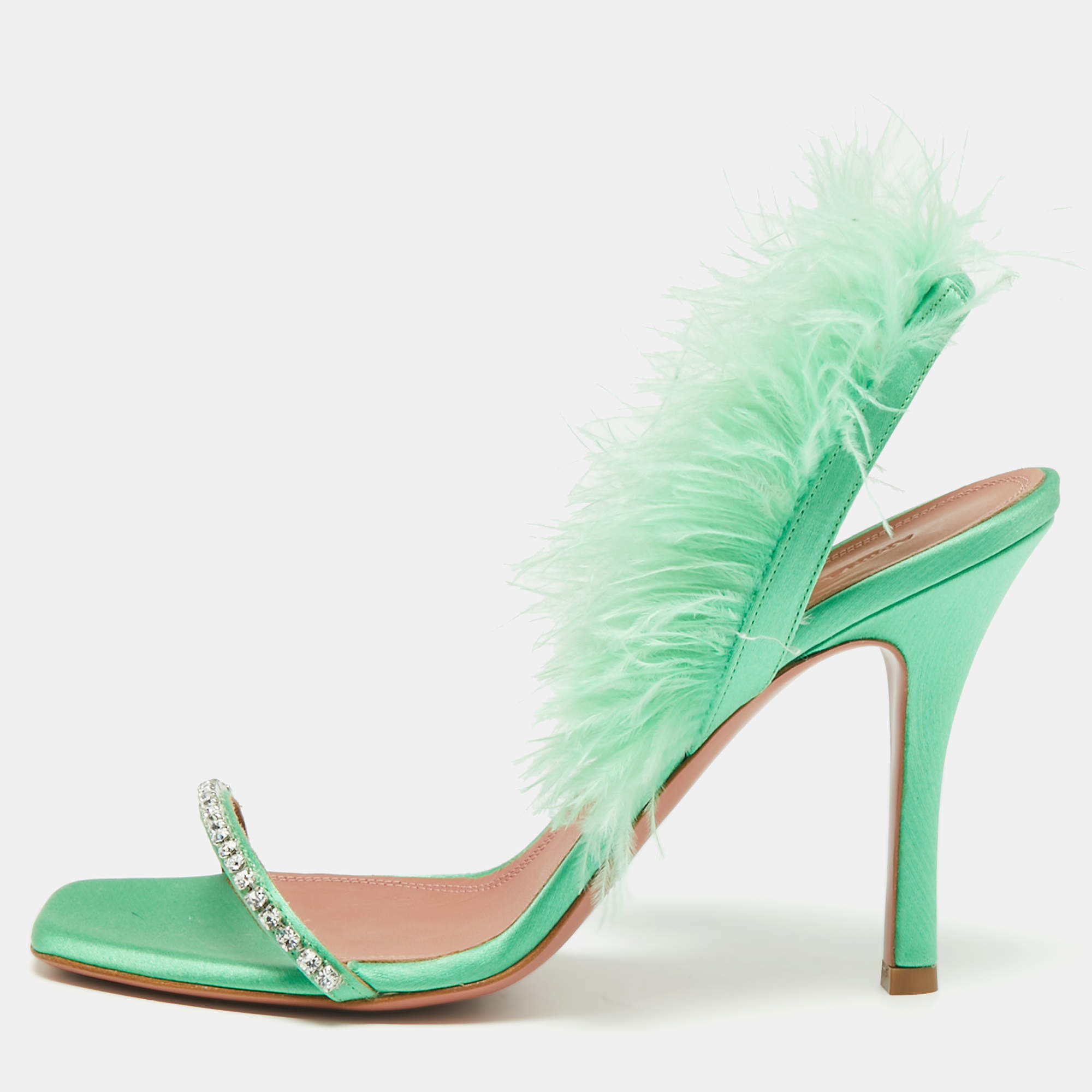 Pre Owned Amina Muaddi Green Satin Crystal Embellished And Feather Adwoa Slingback Sandals Size 38