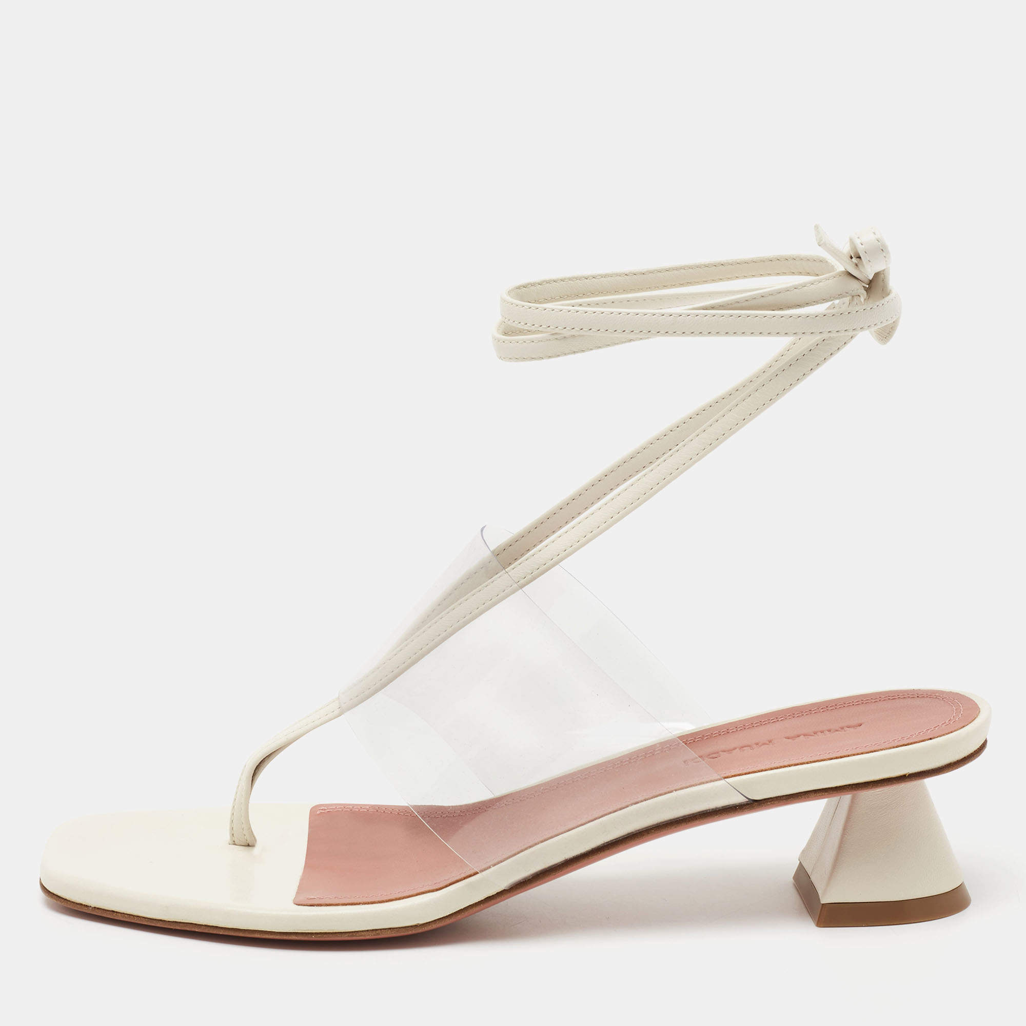 Pre Owned Amina Muaddi Cream Leather and PVC Zula Ankle Tie Sandals Size 37.5