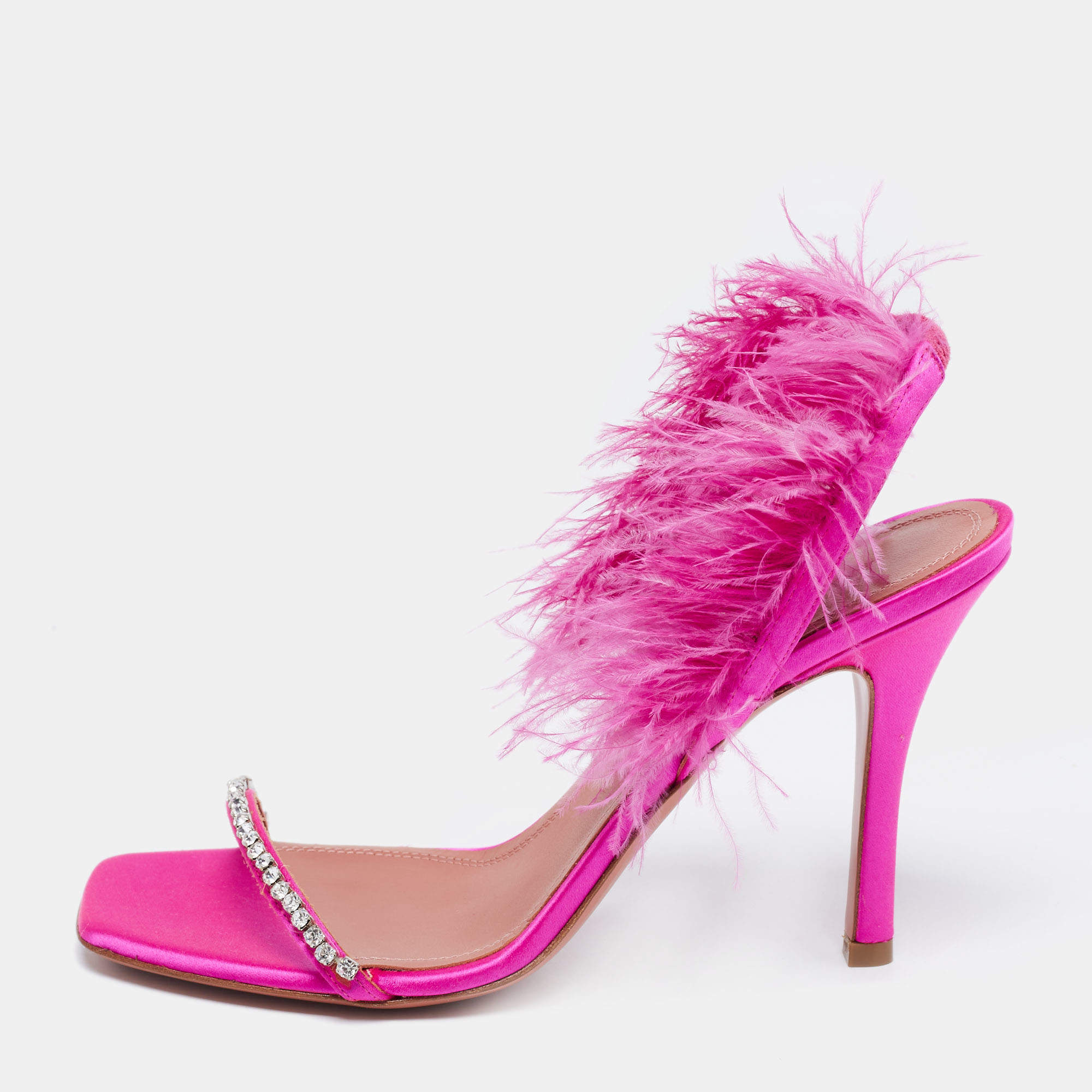 Pre Owned Amina Muaddi Pink Satin And Feather Adwoa Crystal Embellished Slingback Sandals Size 38