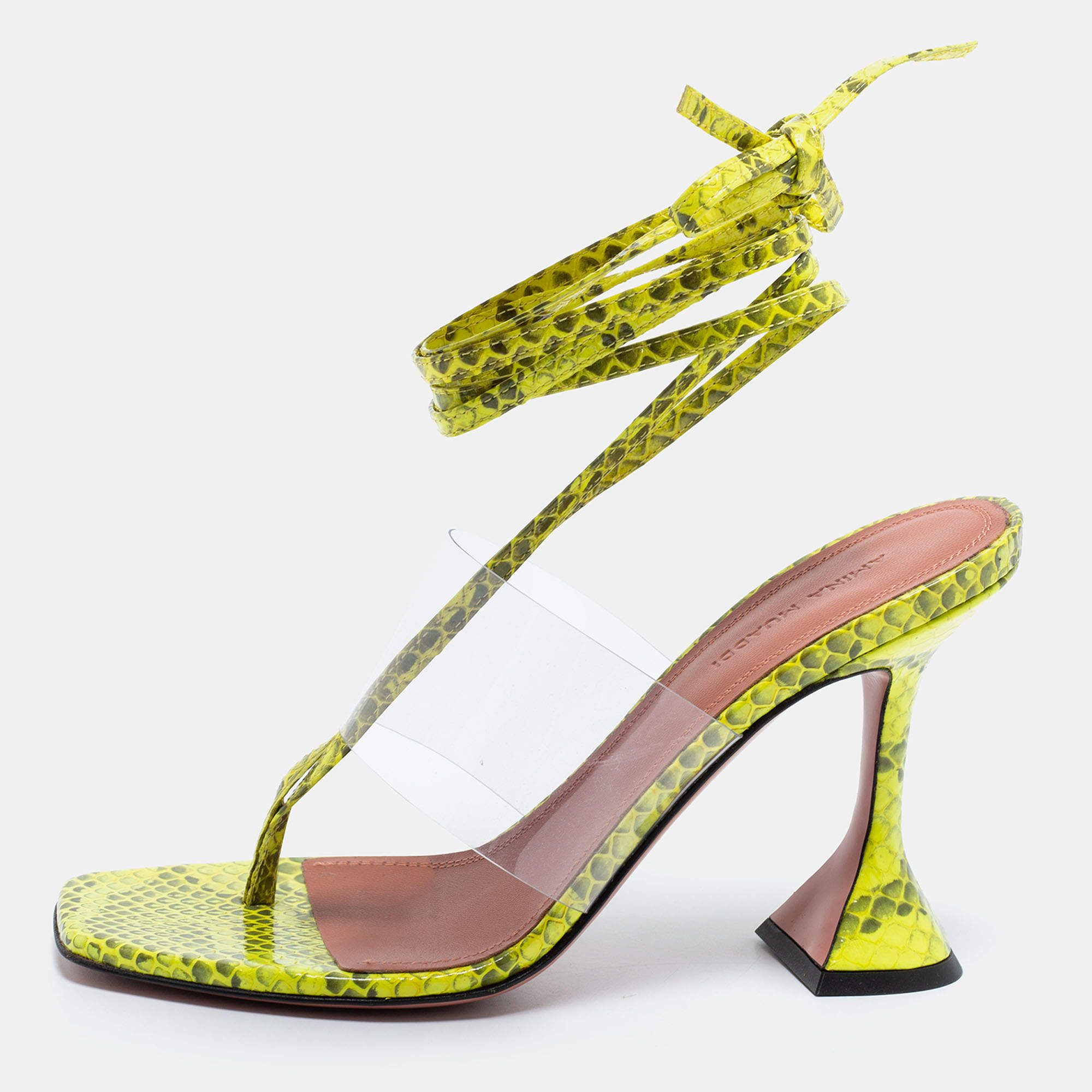 Amina Muaddi Neon Yellow/Grey Embossed Snakeskin Leather and PVC Zula Ankle Tie Sandals Size 37.5