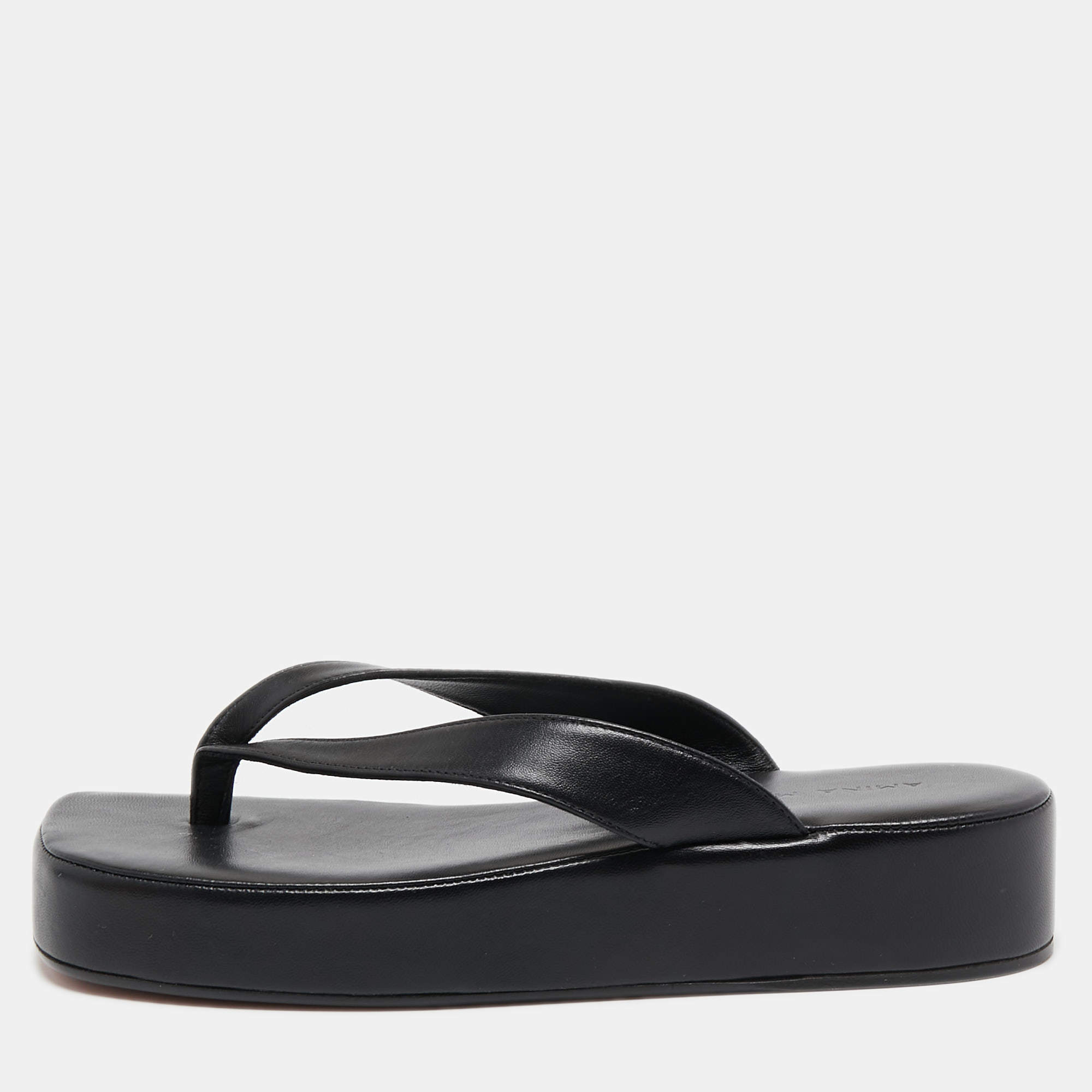 Pre Owned Amina Muaddi Black Leather Johana Platform Thong Sandals Size 37.5