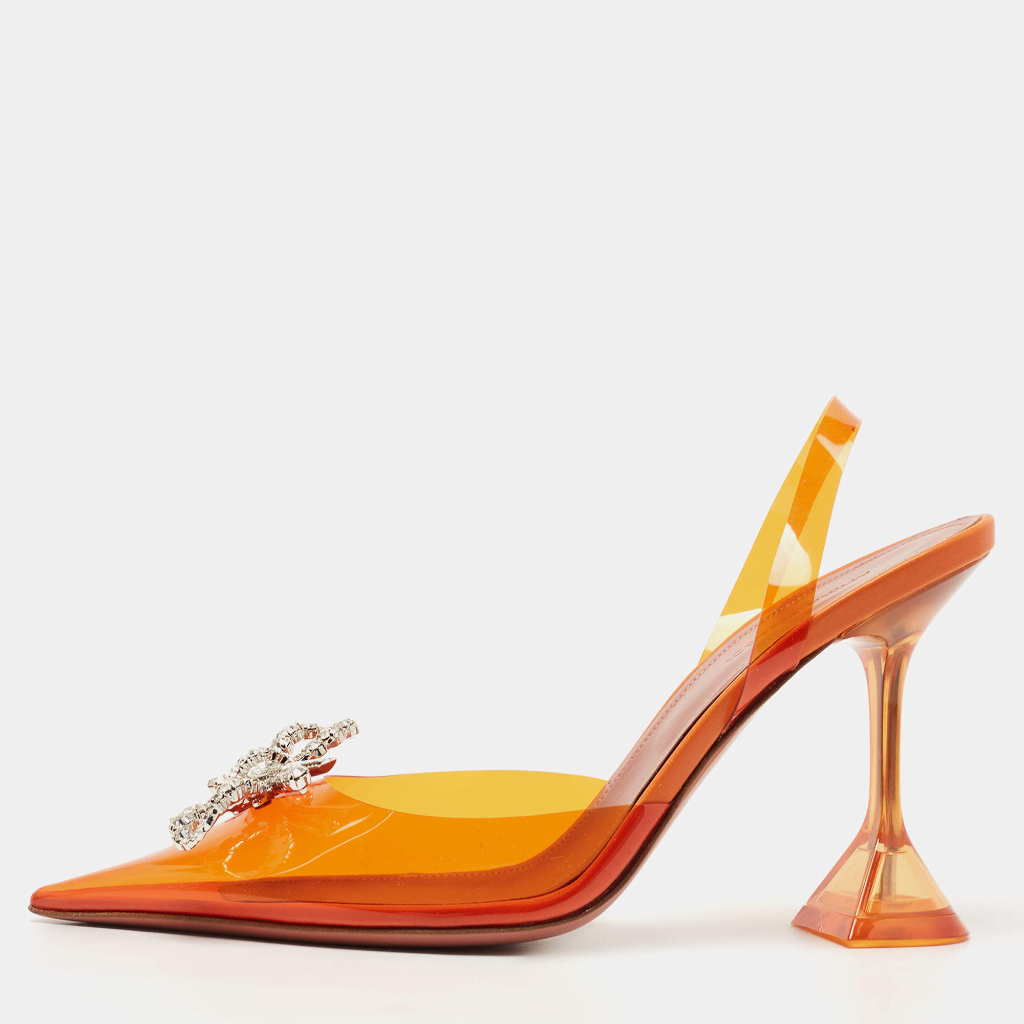 Pre Owned Amina Muaddi Orange PVC Rosie Slingback Pumps Size 38