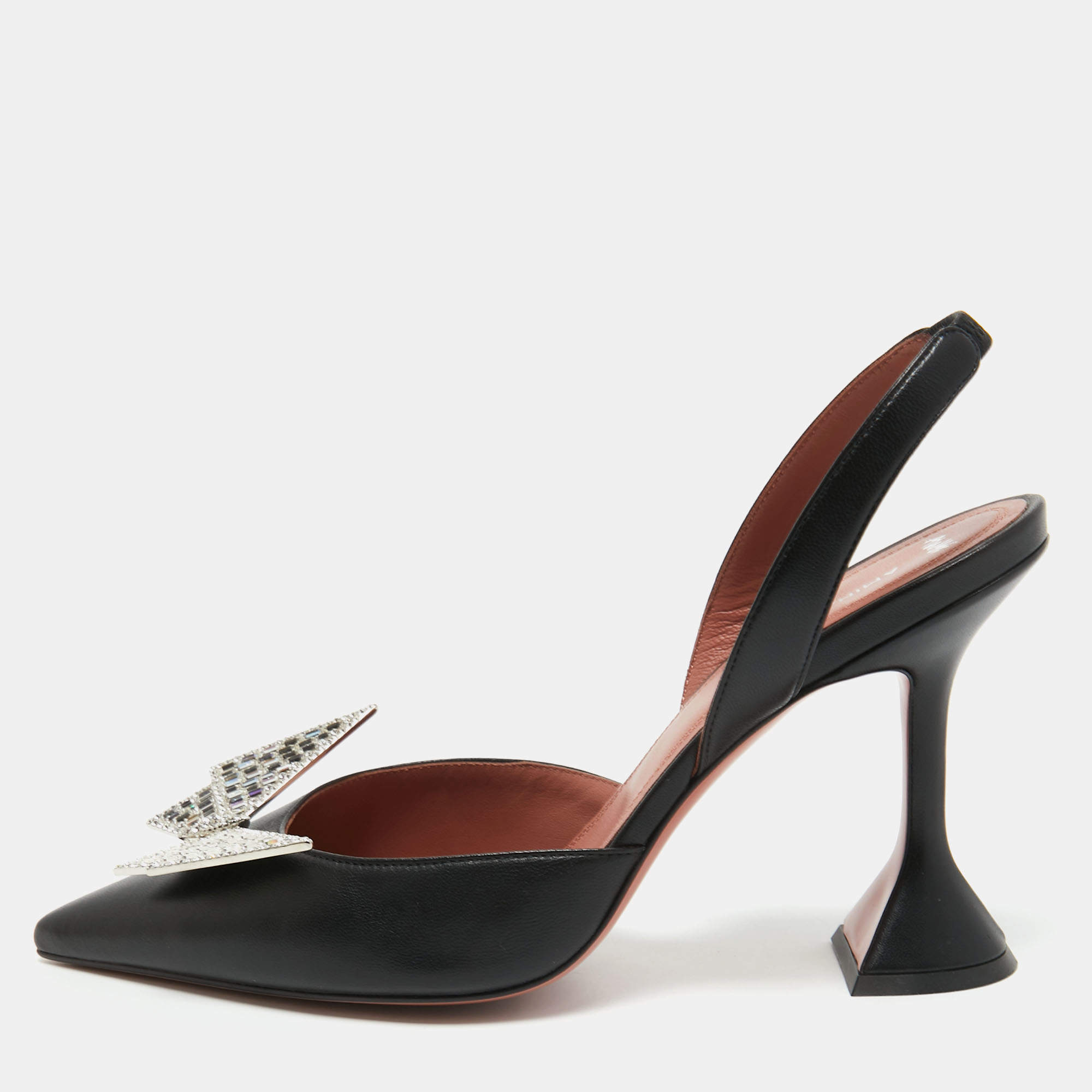 Amina Muaddi Black Leather Awge Phoenix Slingback Pumps Size 38