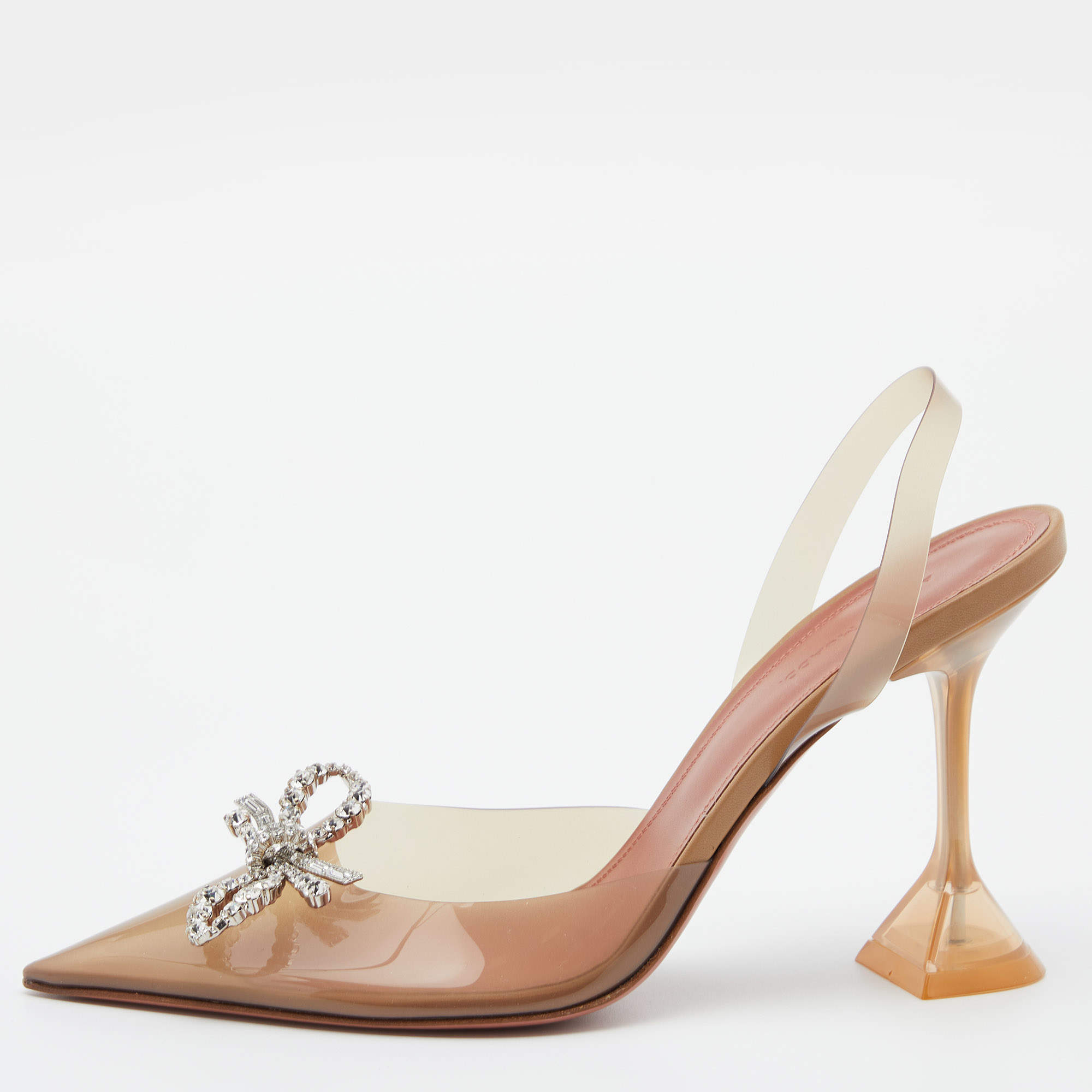 Pre Owned Amina Muaddi Brown PVC Rosie Crystal Embellished Slingback Pumps Size 40