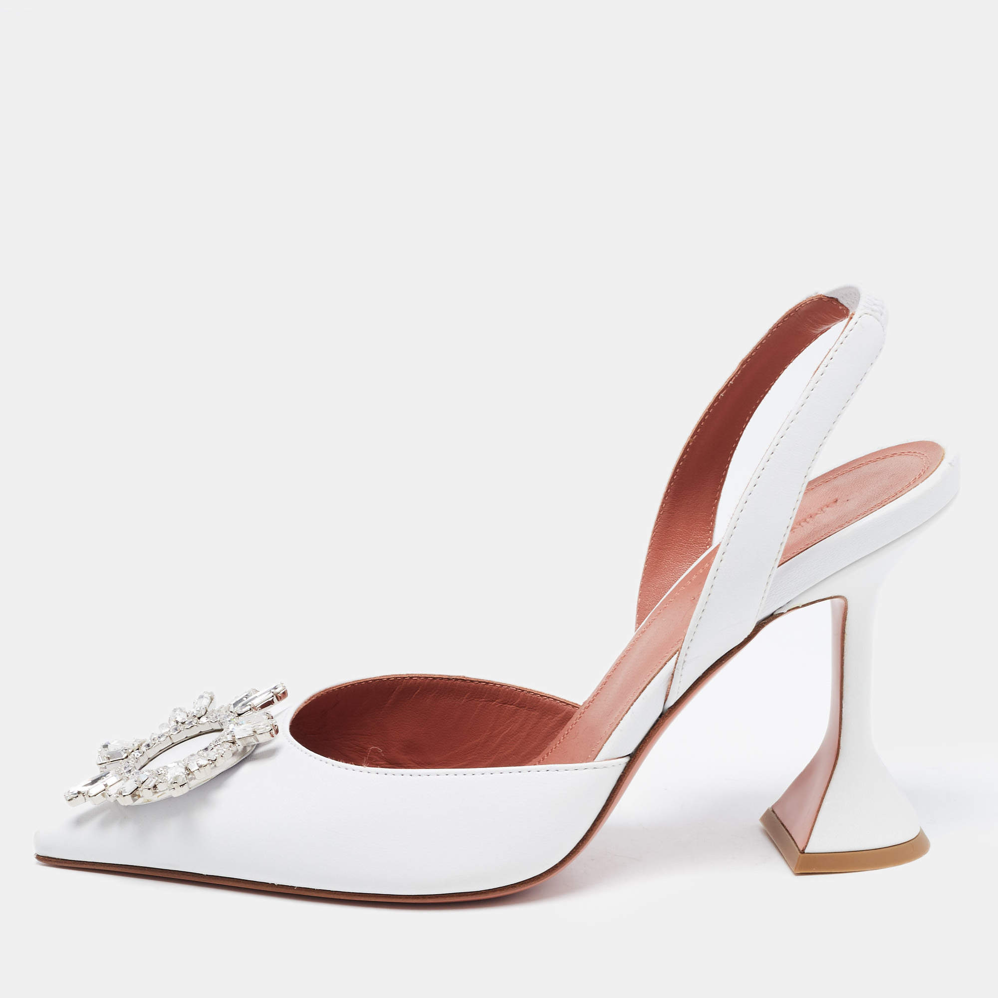 Pre Owned Amina Muaddi White Leather Begum Crystal Embellished Slingback Pumps Size 38.5
