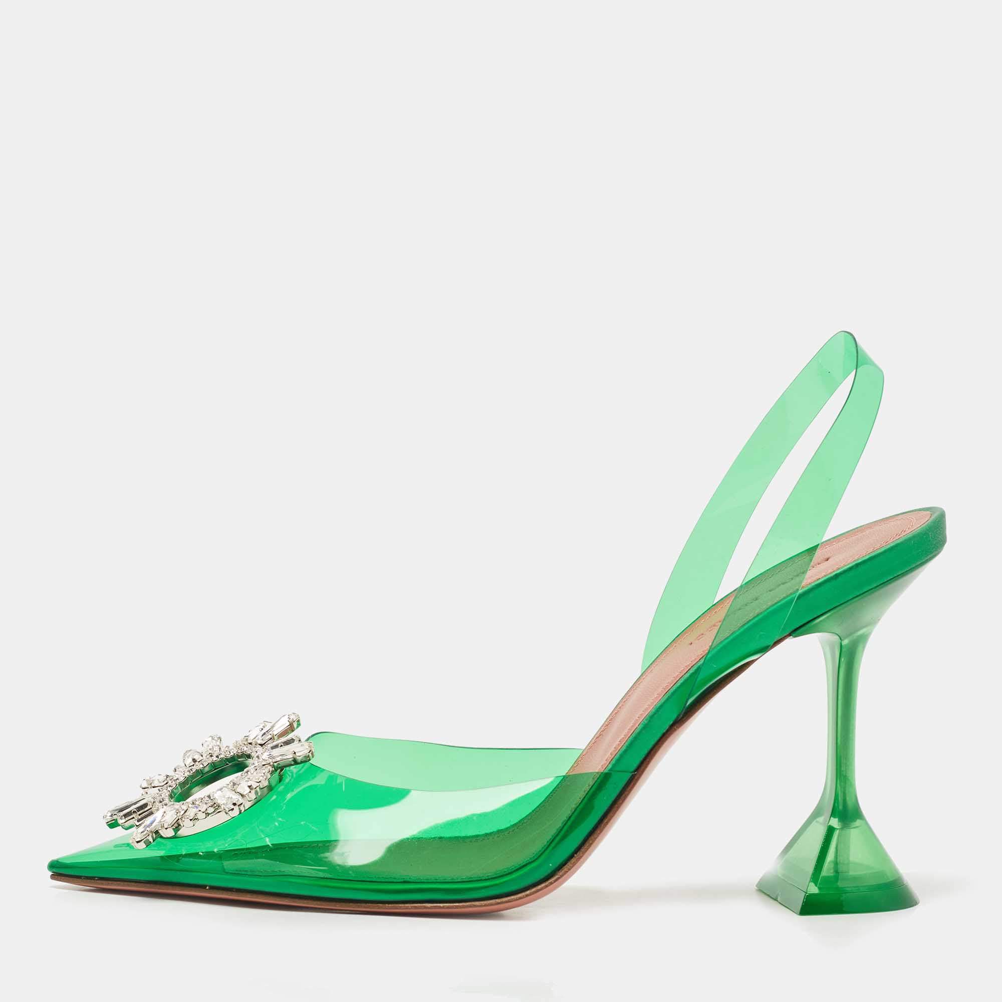 Pre Owned Amina Muaddi Green PVC Begum Slingback Pumps Size 38.5