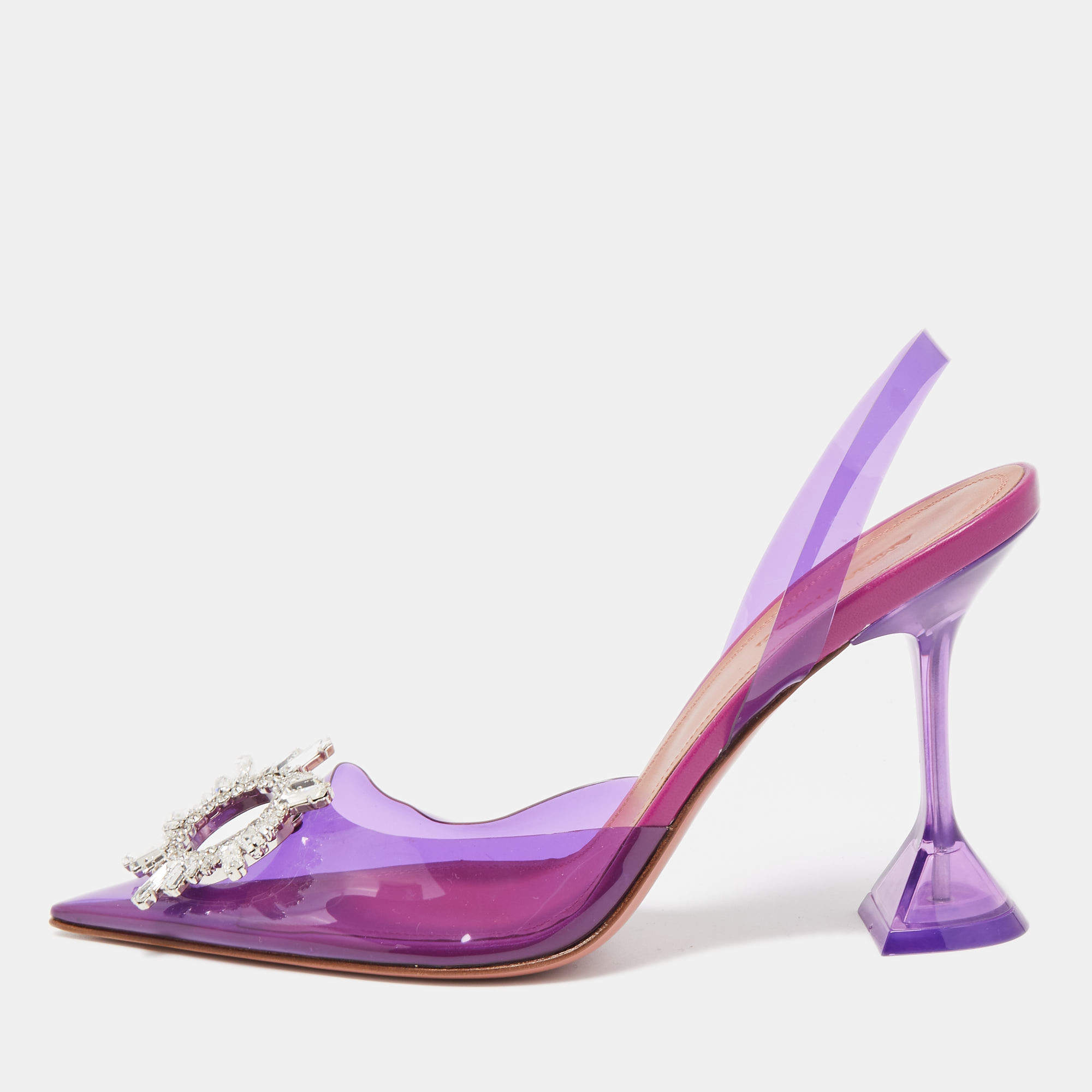 Pre Owned Amina Muaddi Purple PVC Begum Crystal Embellished Slingback Pumps Size 40