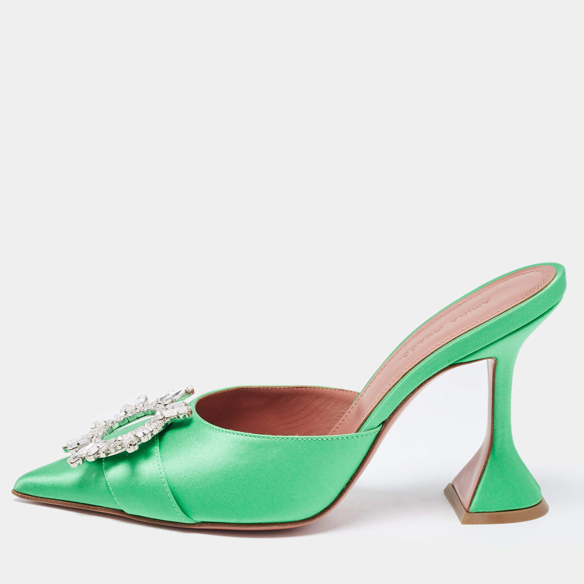 Amina Muaddi Green Satin Begum Mules Size 36