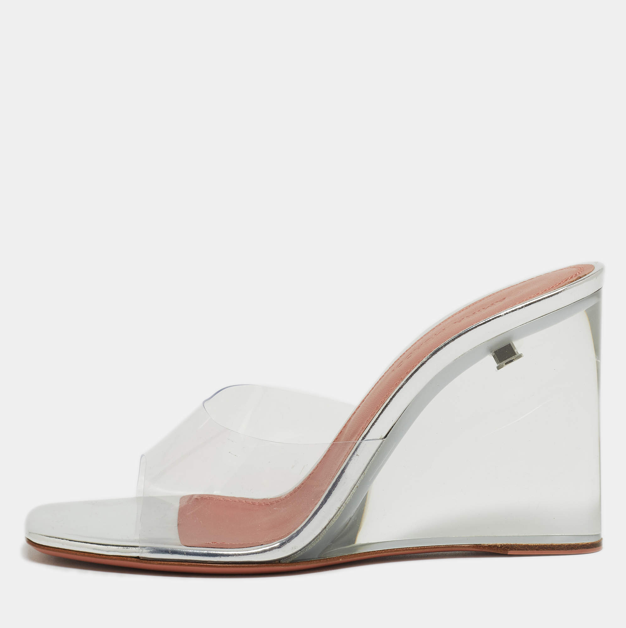 Pre Owned Amina Muaddi Transparent PVC Lupita Glass Wedge Sandals Size 35