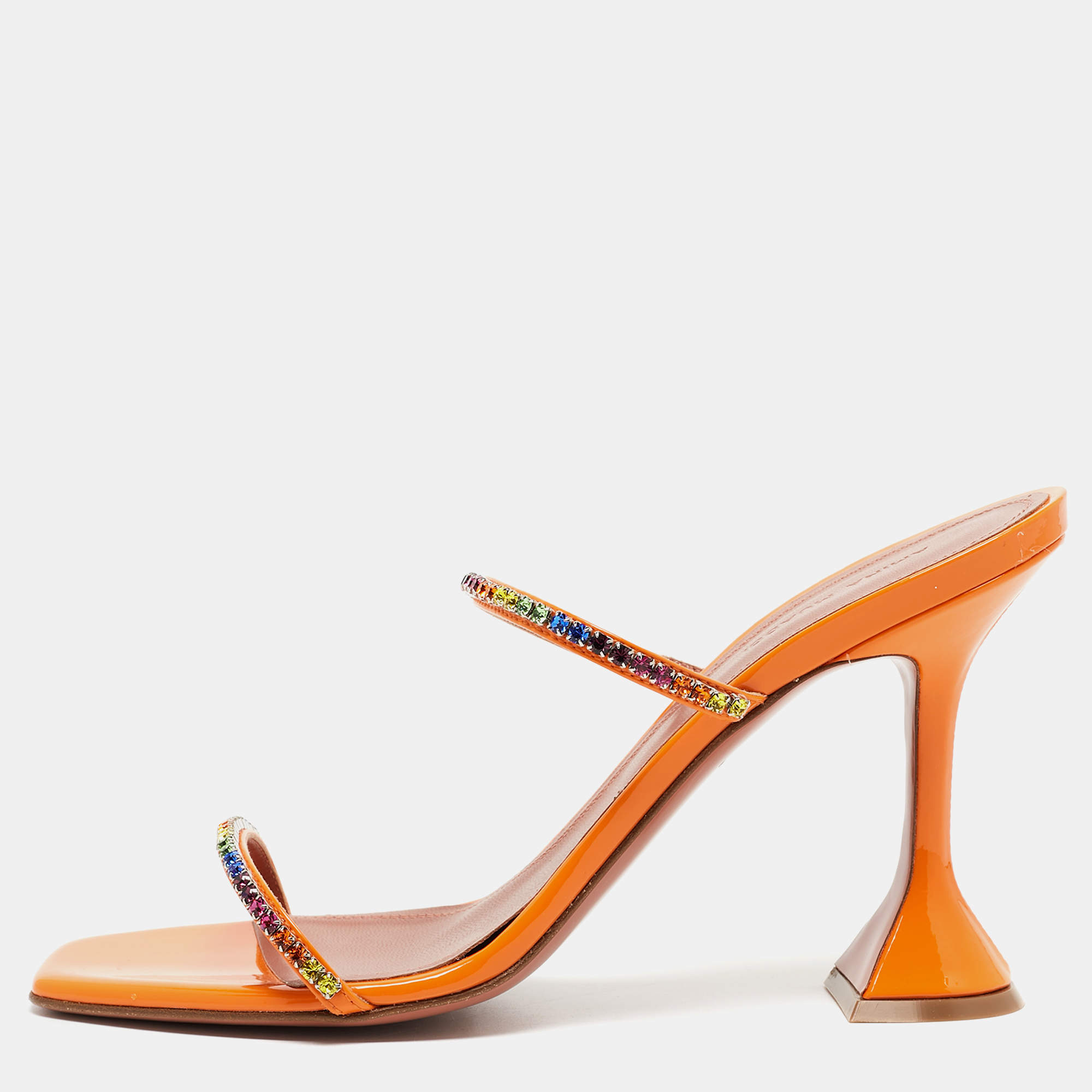 Amina Muaddi Orange Crystal Embellished Satin Glida Slide Sandals Size 40