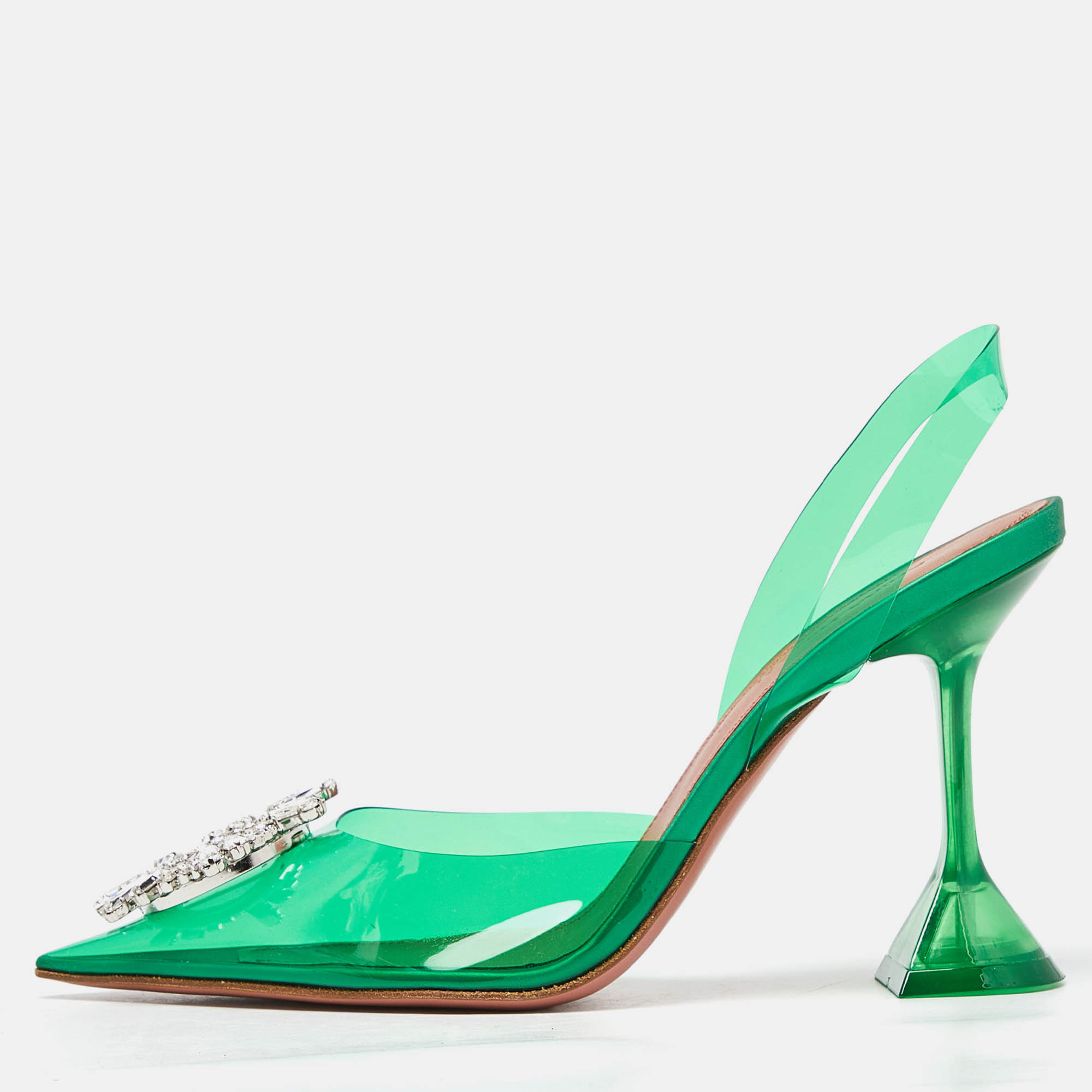 Pre Owned Amina Muaddi Green PVC Begum Crystal Embellished Slingback Pumps Size 37