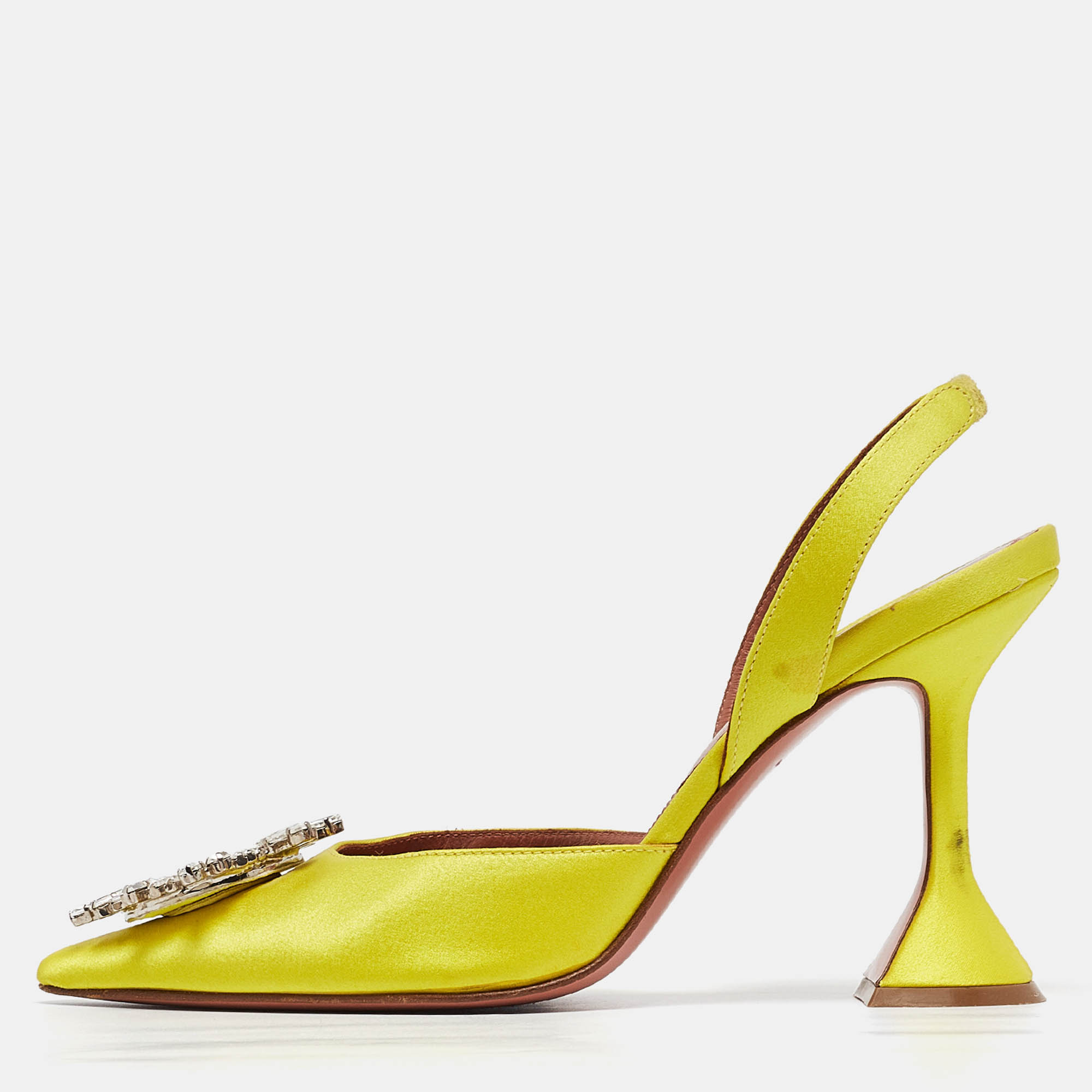 Pre Owned Amina Muaddi Yellow Satin Begum Slingback Pumps Size 36.5