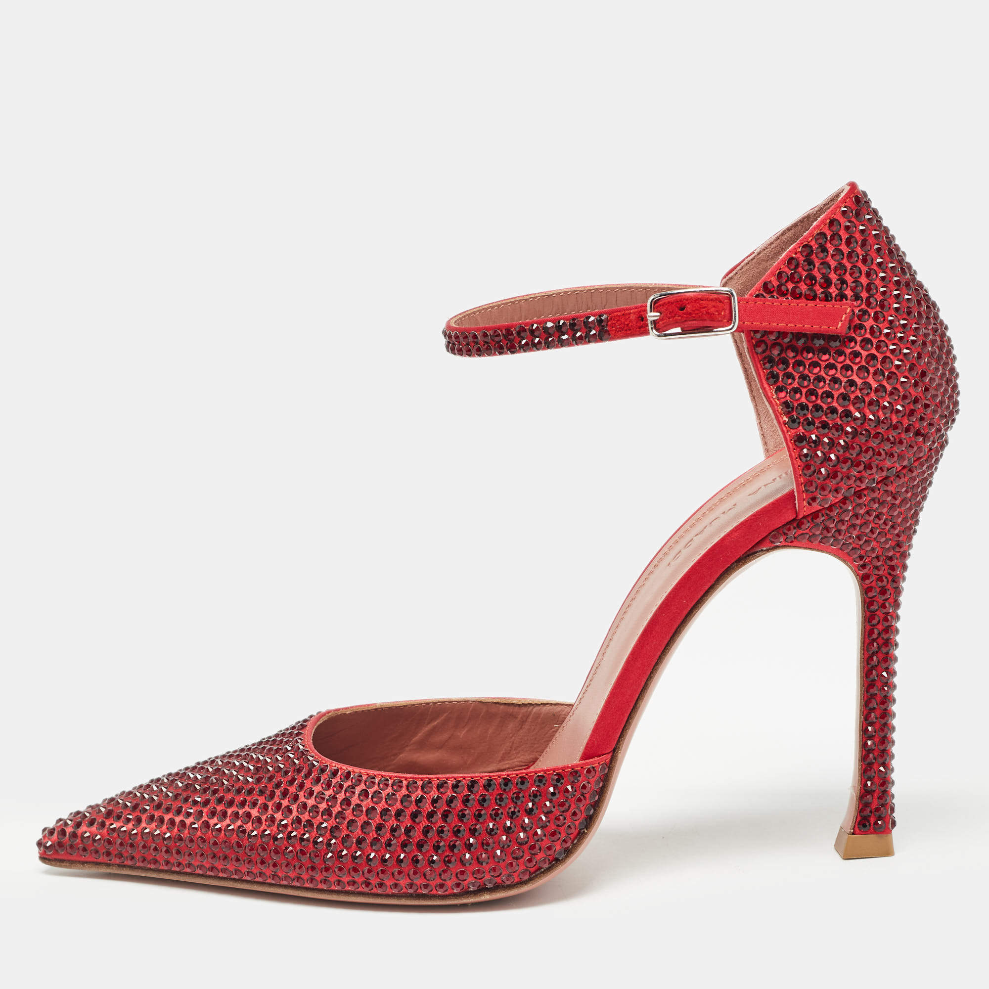 Amina Muaddi Red Satin Vittoria 105mm Crystal-Embellished Pumps Size 37