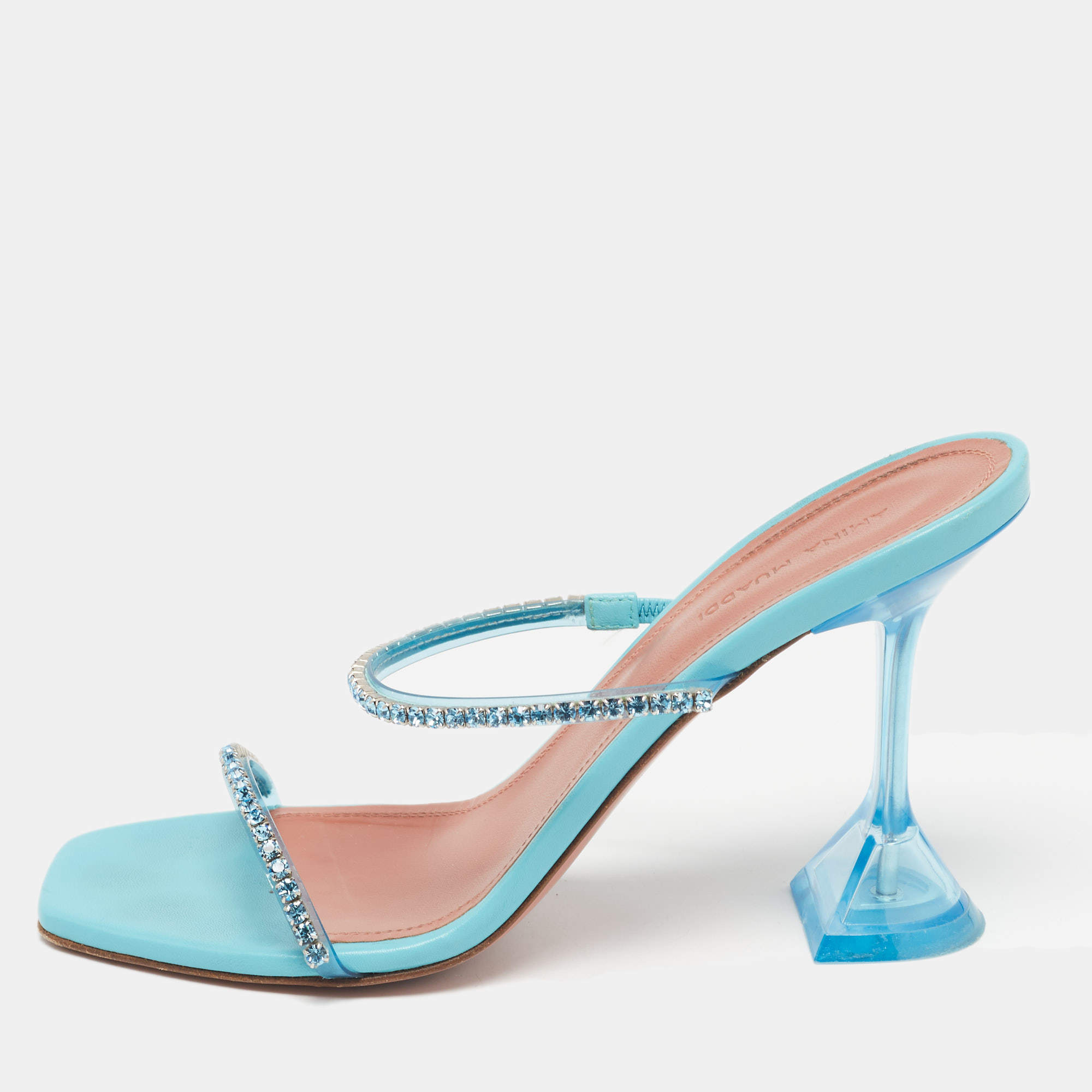 Pre Owned Amina Muaddi Blue Crystal Embellished PVC Gilda Sandals Size 38