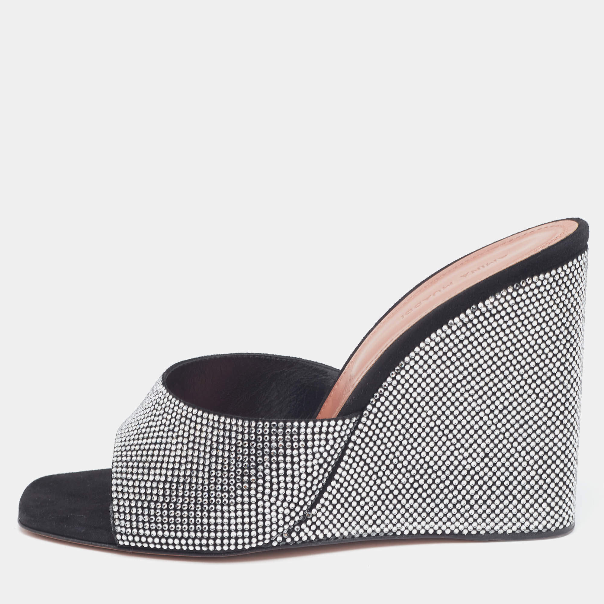 Pre Owned Amina Muaddi Black Crystals Suede Lupita Wedge Open Toe Sandals Size 40