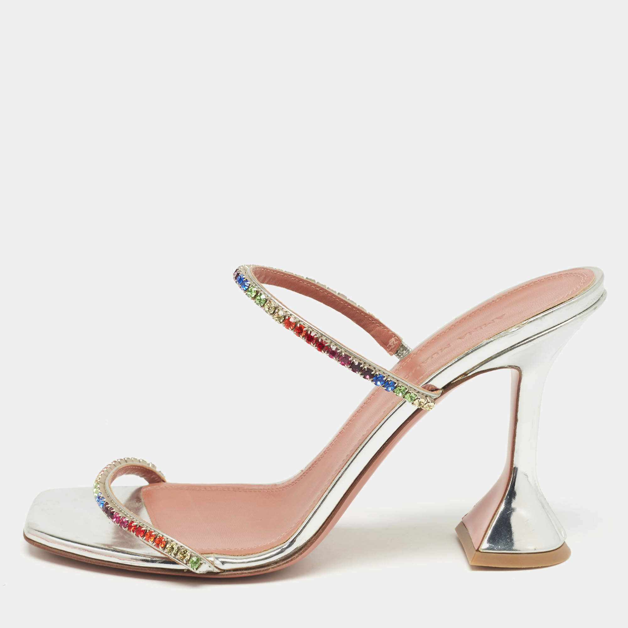 Pre Owned Amina Muaddi Silver Leather Crystal Embellished Gilda Slide Sandals Size 39