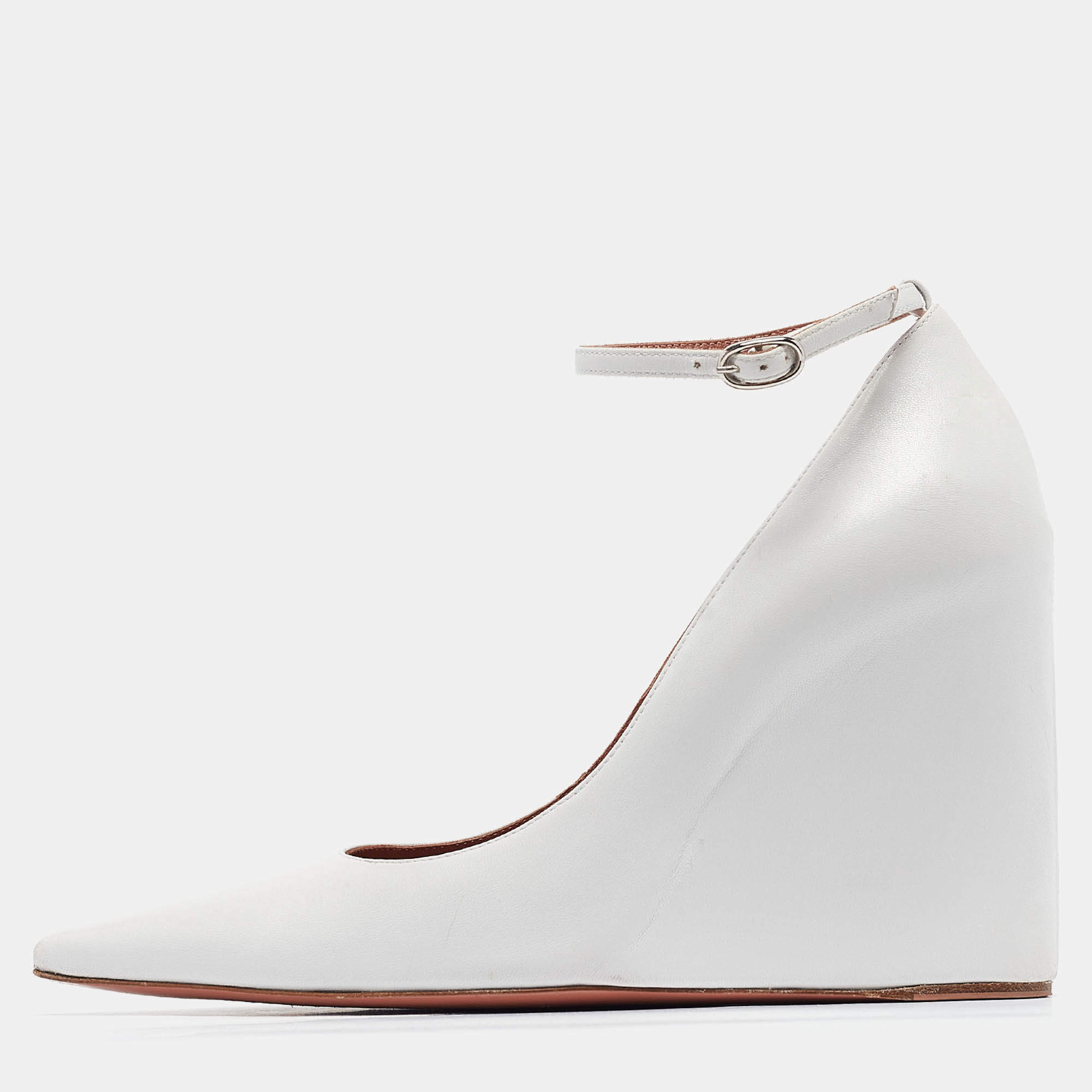 Pre Owned Amina Muaddi White Leather Wedge Pumps Size 37