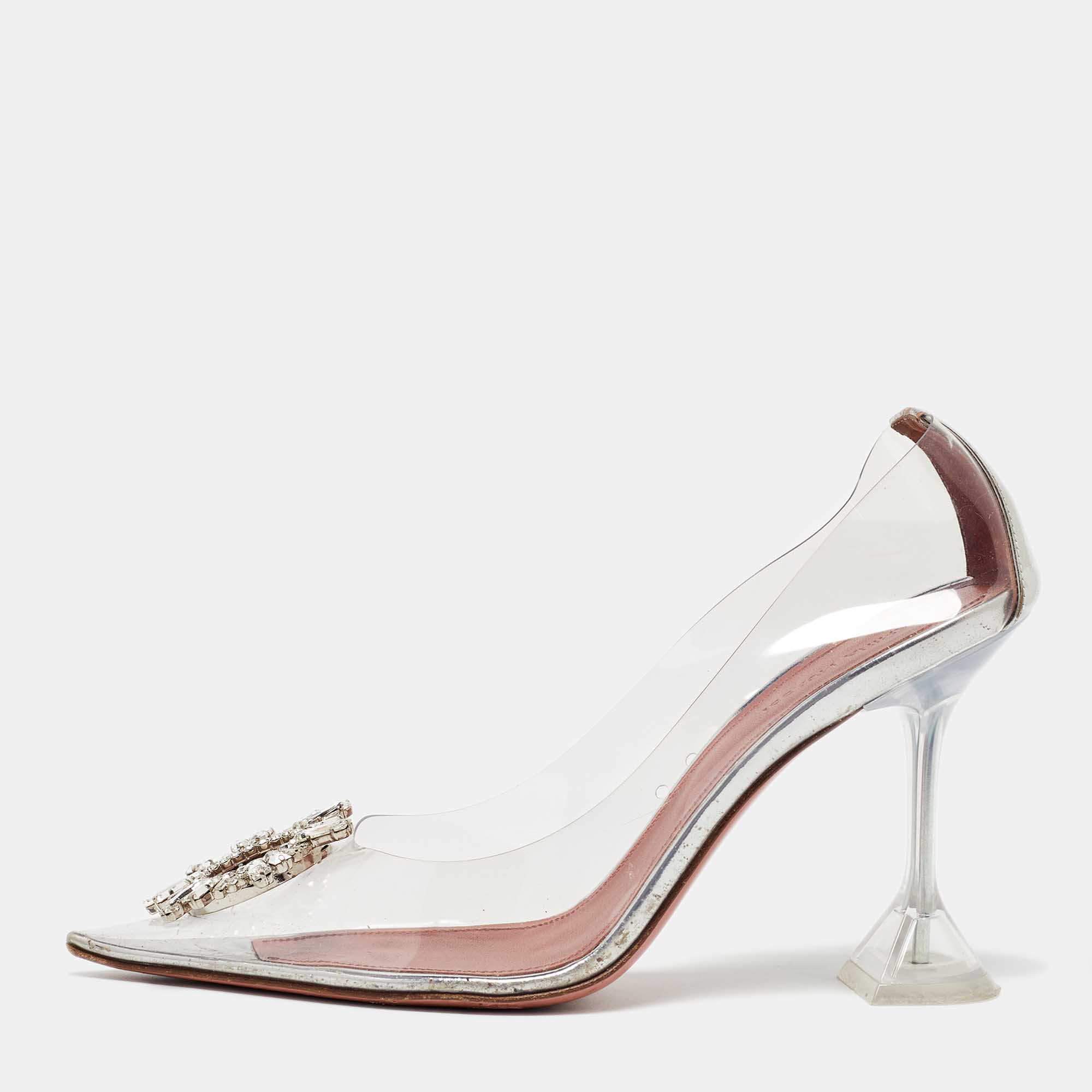 Pre Owned Amina Muaddi Transparent/Silver PVC and Leather Begum Pumps Size 40