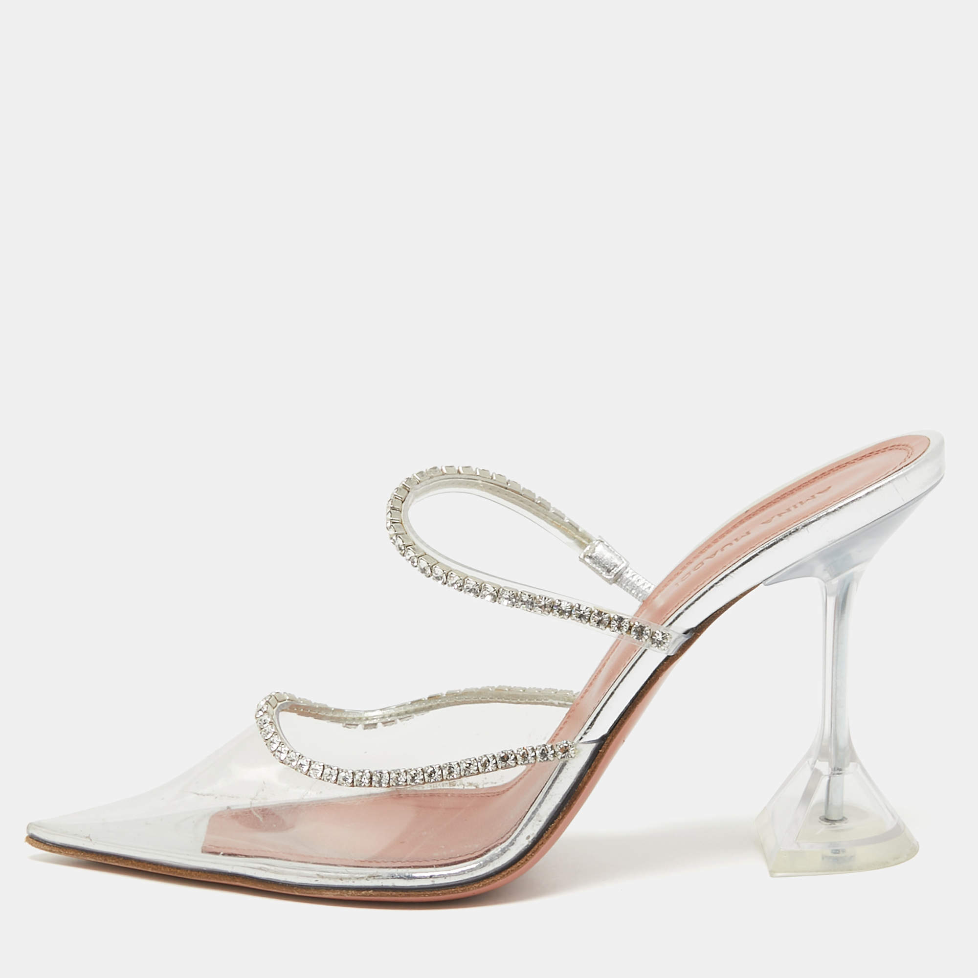 Pre Owned Amina Muaddi Transparent PVC Crystal Embellished Gilda Mules Size 37.5