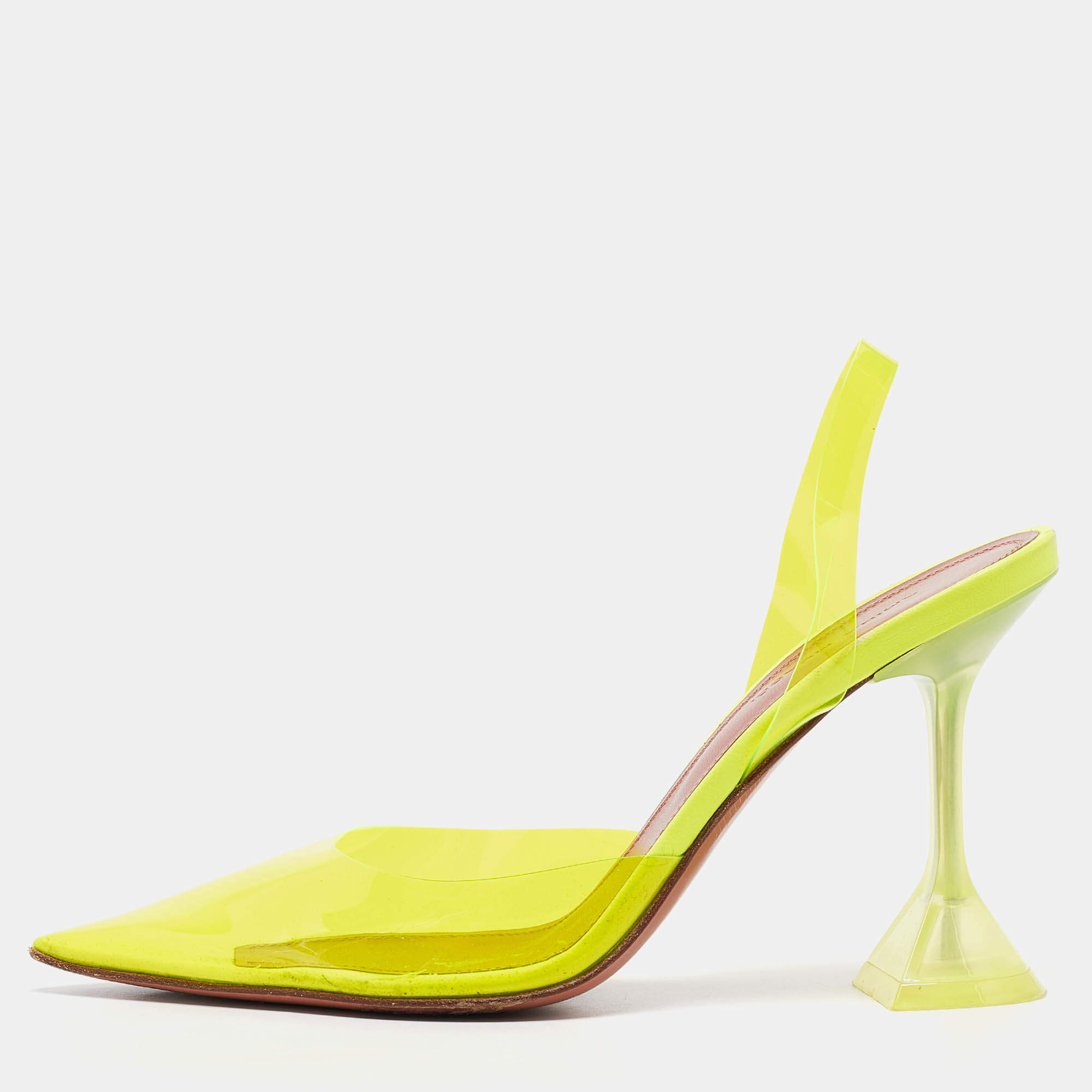 Pre Owned Amina Muaddi Neon Yellow PVC Holli Glass Slingback Pumps Size 37