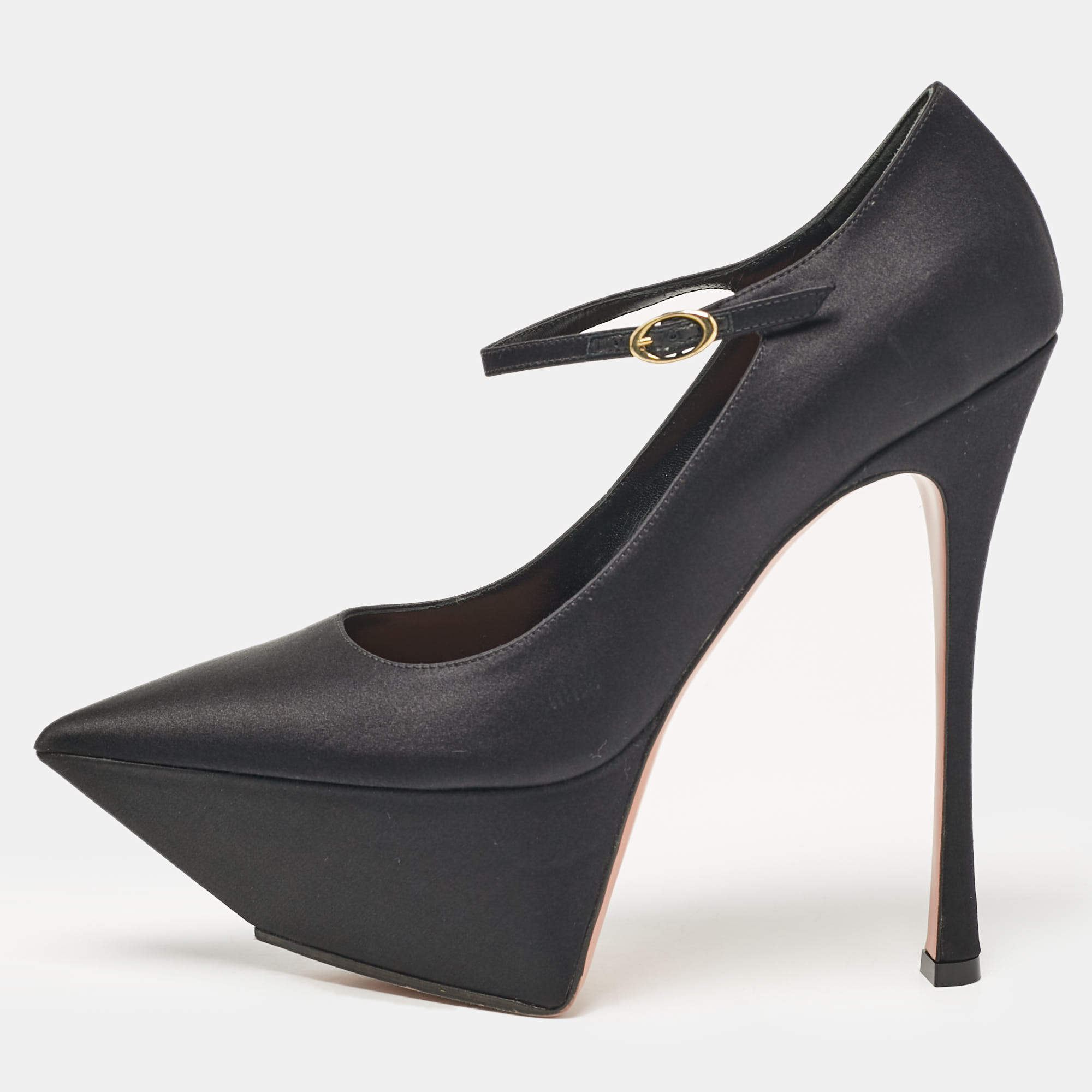 Amina Muaddi Black Satin Yigit Platform Pumps Size 39.5