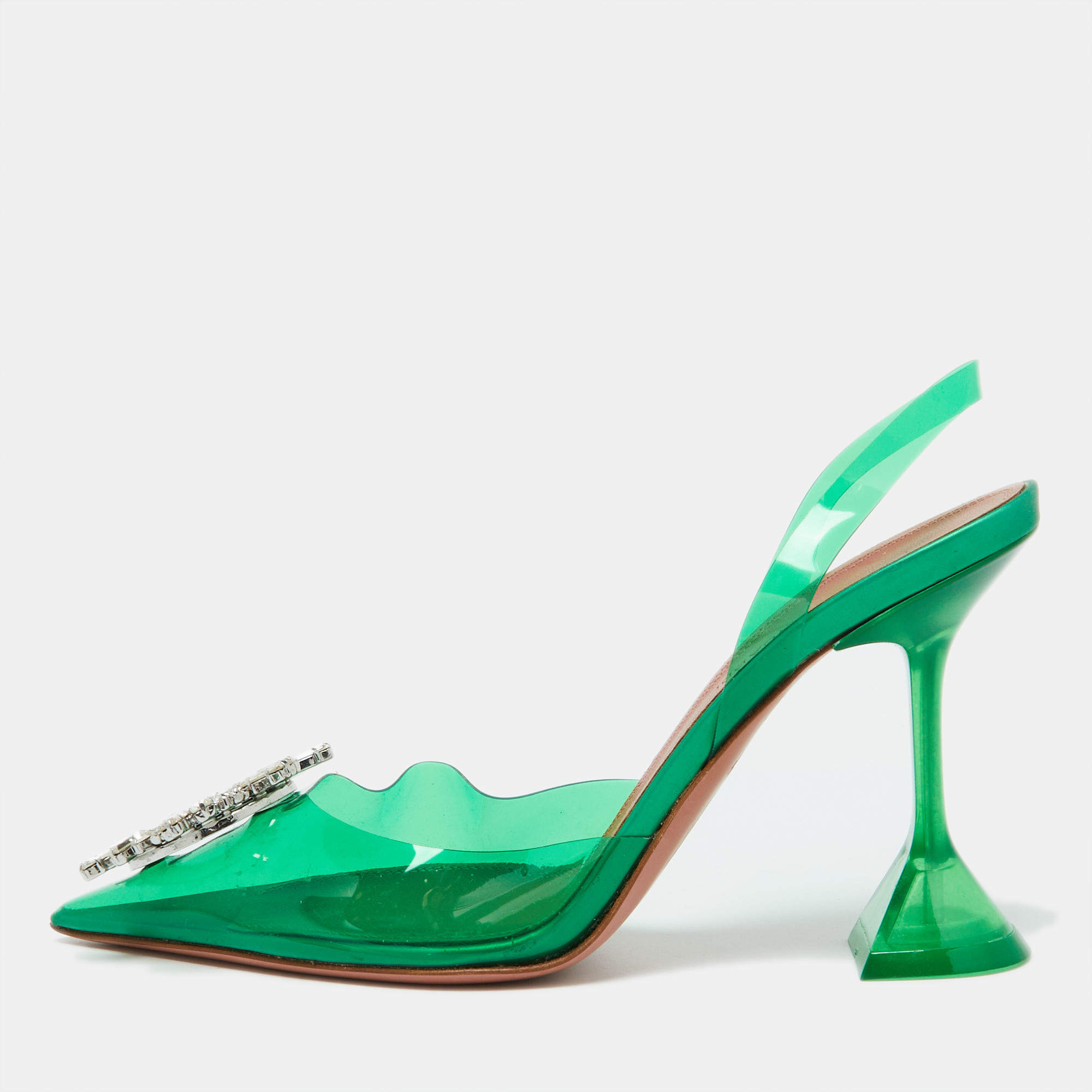 Amina Muaddi Green PVC Crystal Embellished Begum Slingback Pumps Size 37