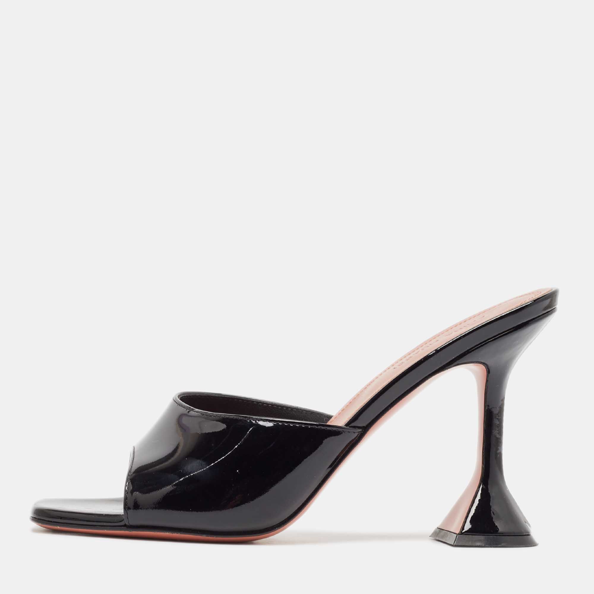 Amina Muaddi Black Patent Leather Lupita Slide Sandals Size 39