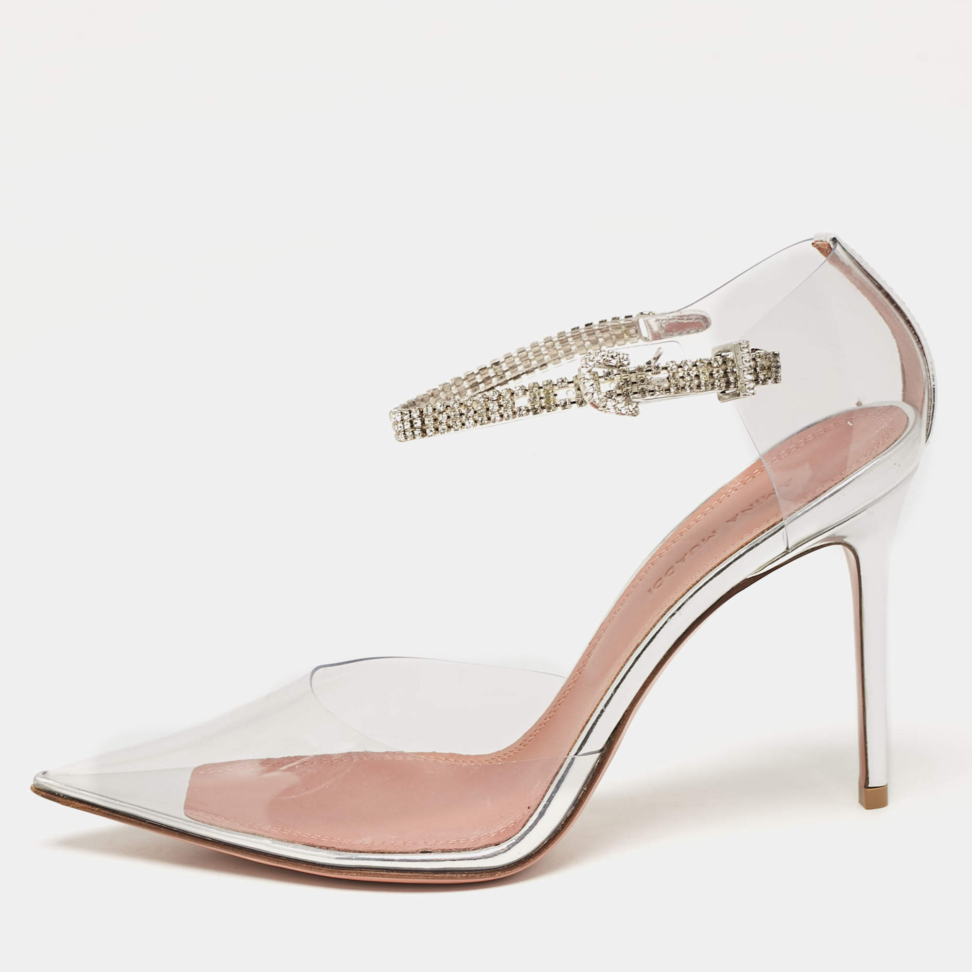  Amina Muaddi Silver PVC and Patent Leather Ursina Pumps Size 36