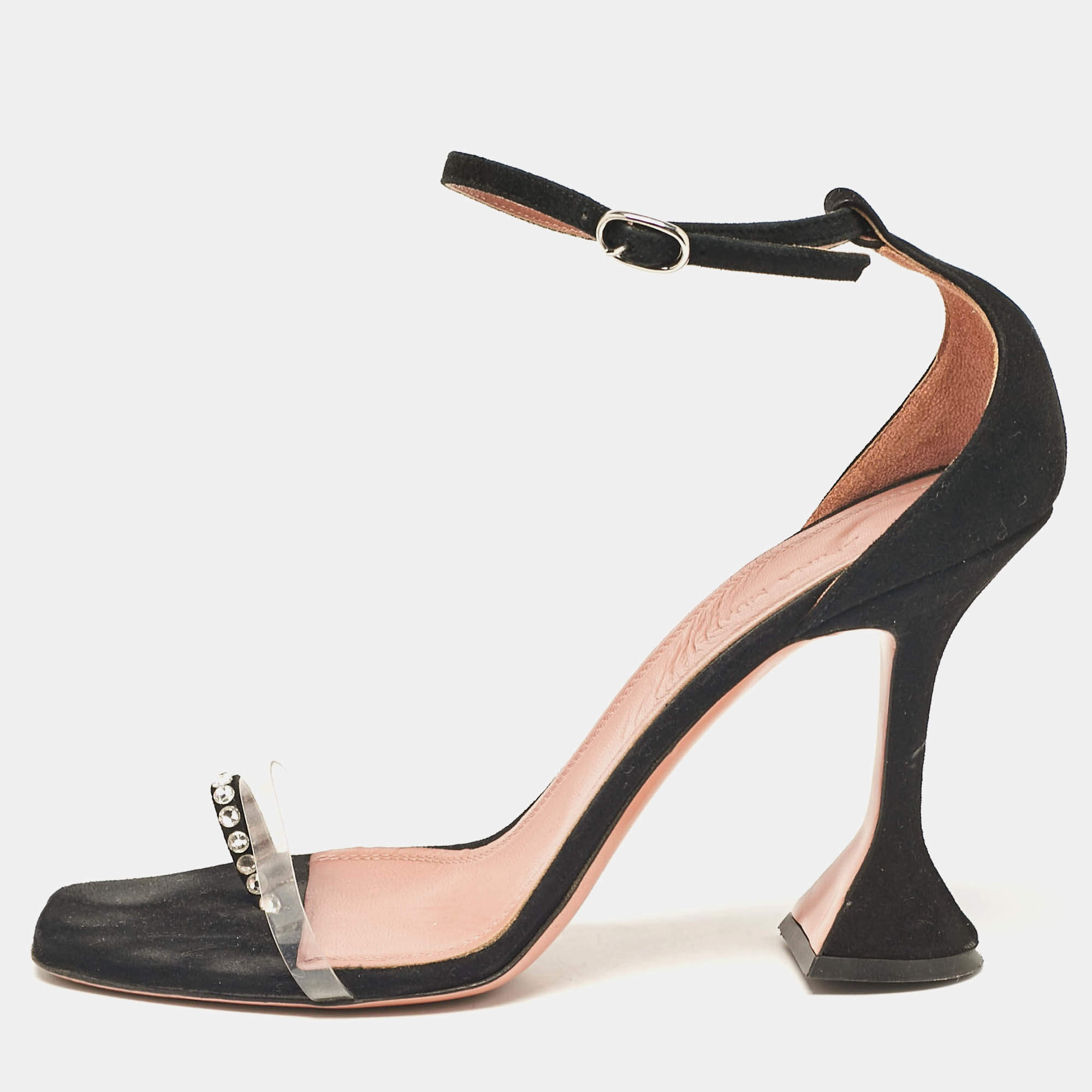 Amina Muaddi Black Suede and PVC Vita Crystal Ankle Strap Sandals Size 39.5