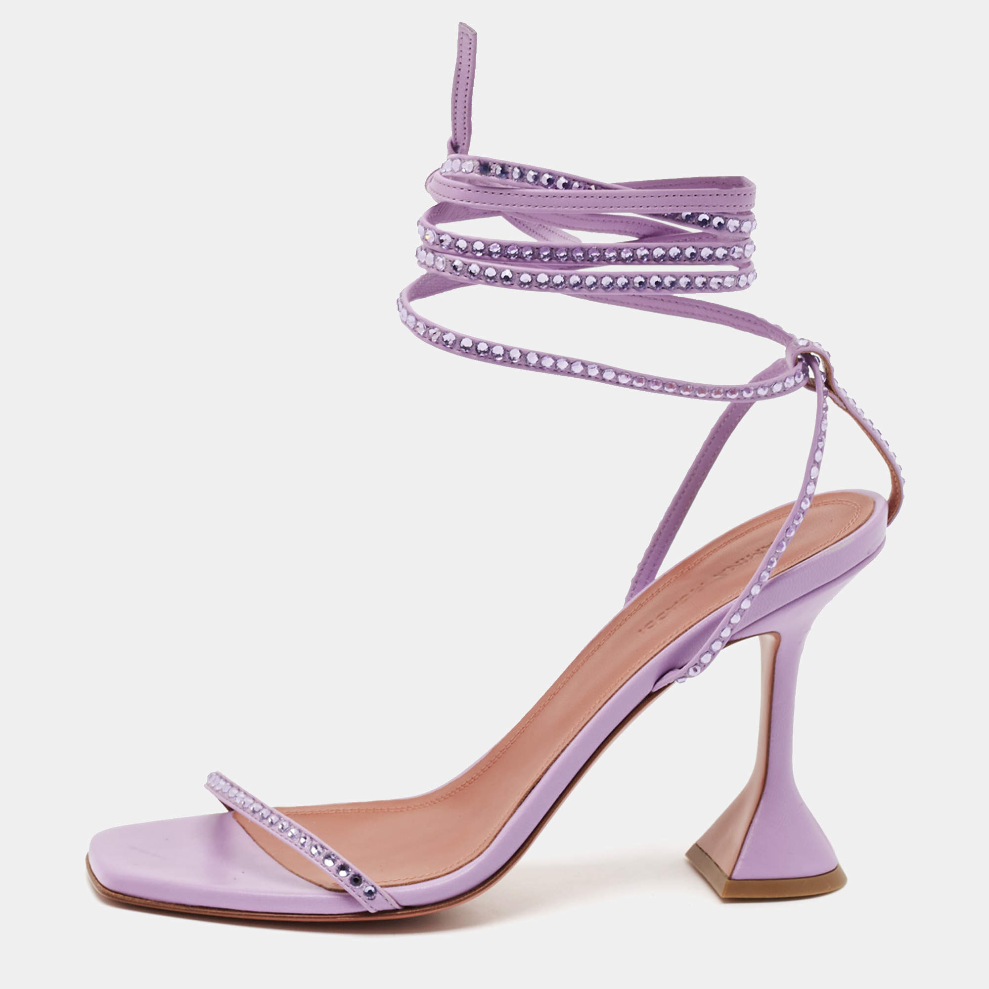 Amina Muaddi Purple Leather Crystal Embellished Vita Ankle Strap Sandals Size 39