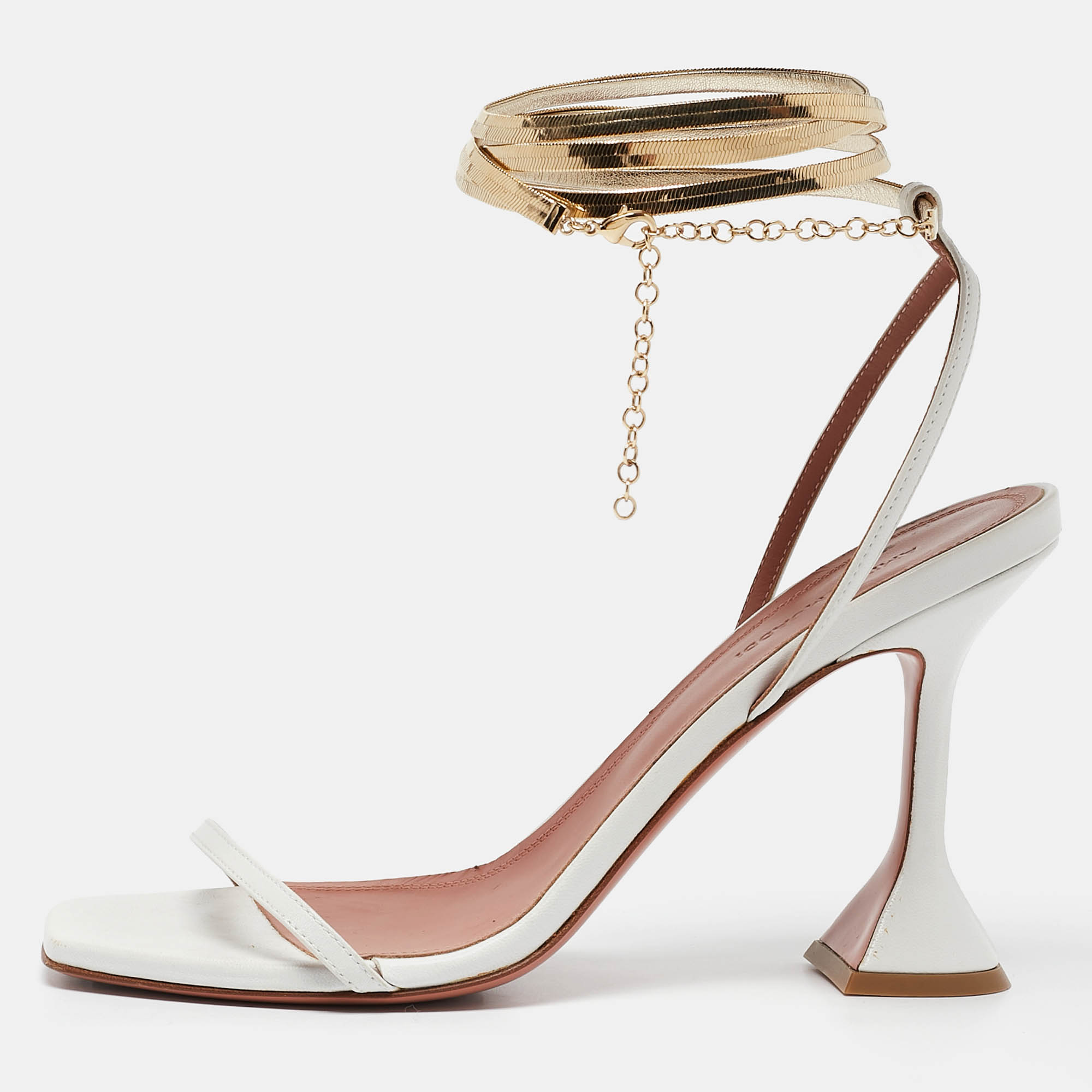 Amina Muaddi White Leather And Chain Ankle Strap Sandals Size 38.5