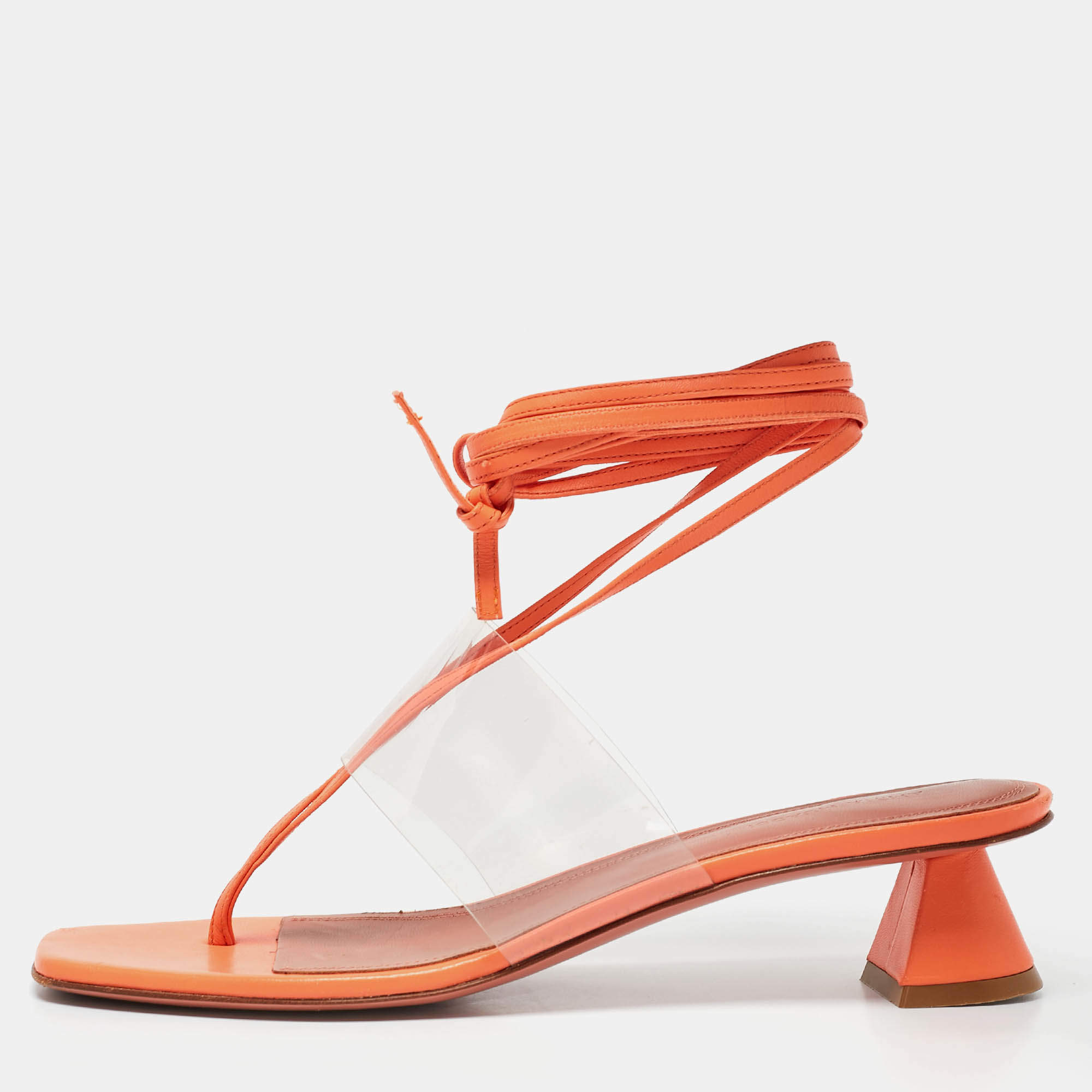 Amina Muaddi Orange/Transperent Leather and PVC Zula Ankle Tie Sandals Size 40